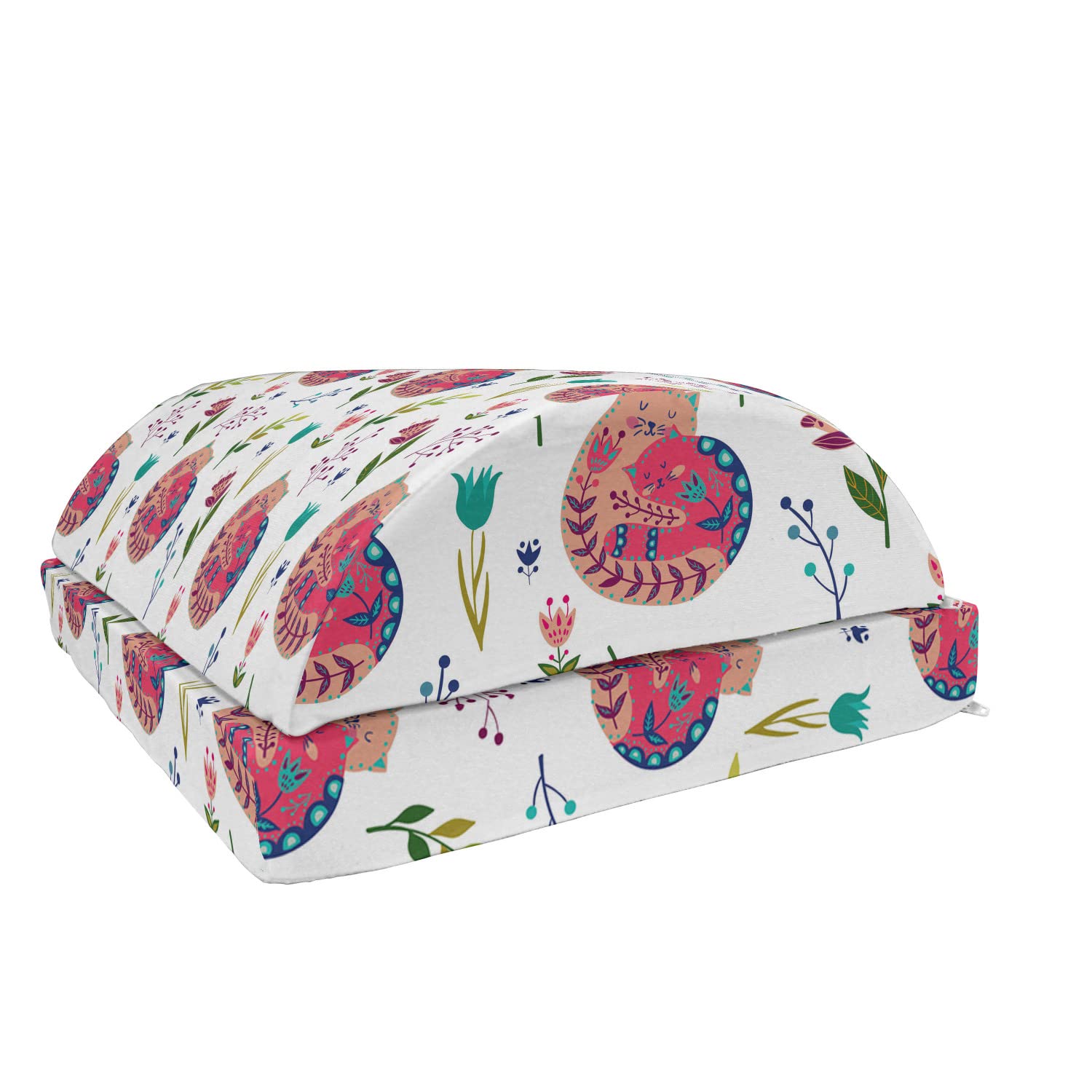 Ambesonne Cat Foot Rest - Adjustable Ergonomic Memory Foam Leg Support with Non-Slip Backing, Scandinavian Style Kitten Family Design with Berries & Flowers on White Multicolor Background - Perfect for Office, Home & Gaming Setup to Reduce Leg Fatigue