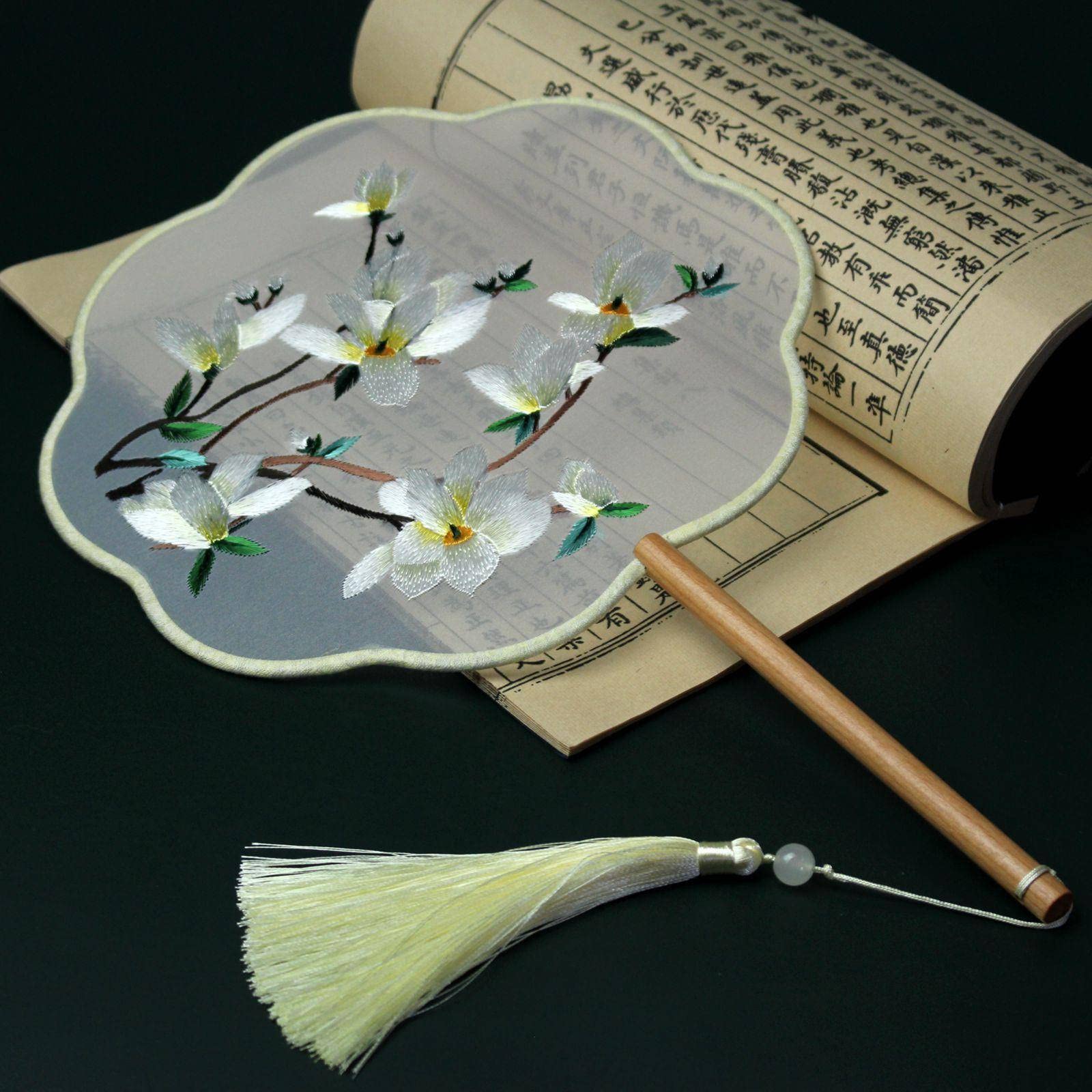 MAKEE Chinese Silk Embroidered Round Fan - Handmade Han Dynasty Style Dance Fan with Translucent Petal Embroidery | Traditional Asian Decorative Fan for Home Décor, Wedding, Photo Props & Cultural Performances