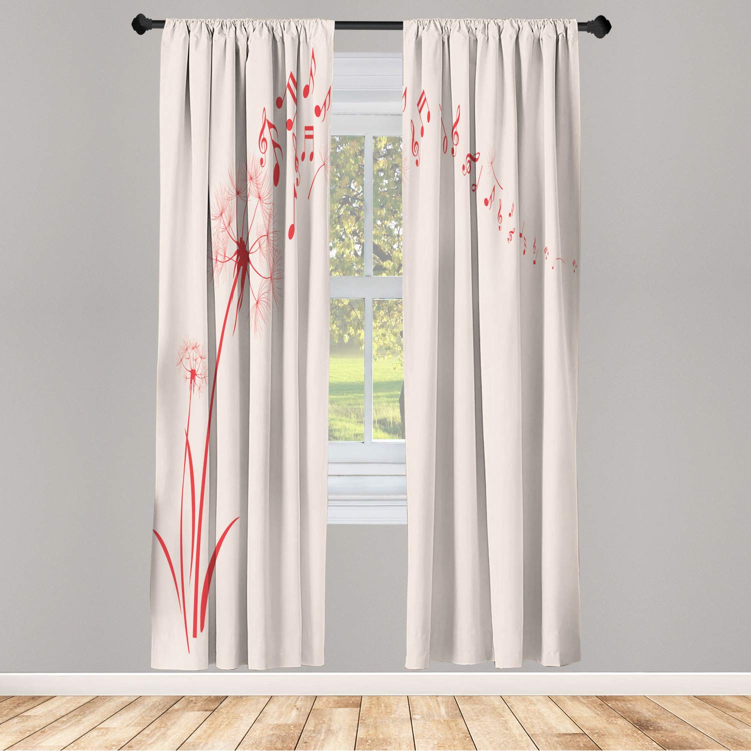 Ambesonne Music Window Curtains - Flying Dandelions with Musical Notes Print, Lightweight 2-Panel Set for Spring & Summer Decor (28x95 Inch, Dark Pink) | Perfect for Bedroom, Living Room & Nursery