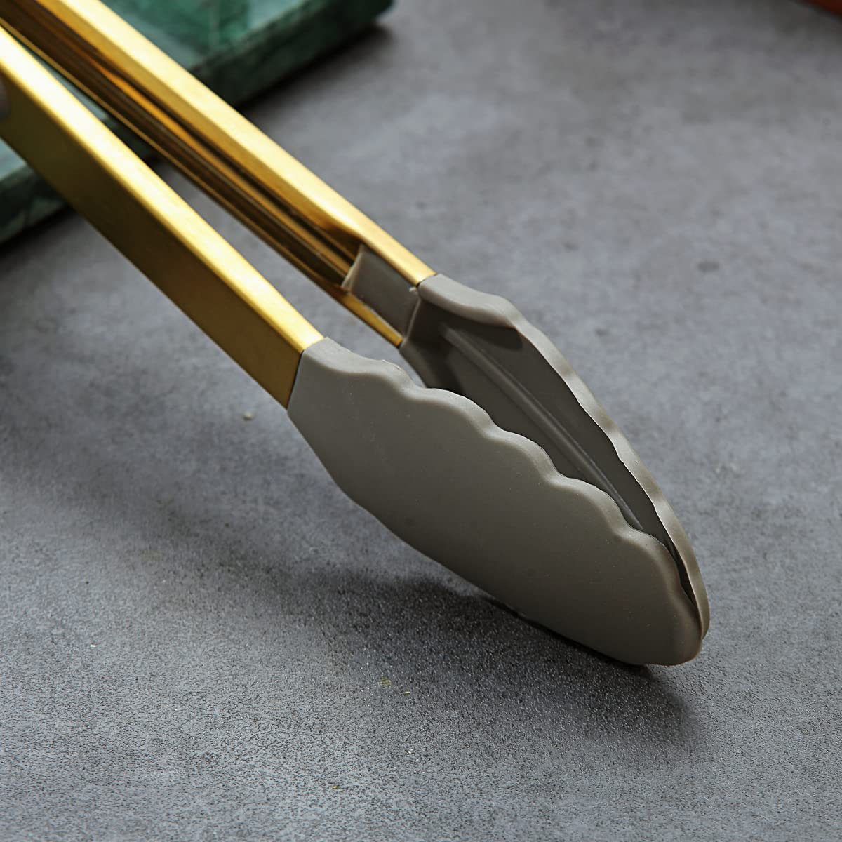 Premium Gold Cooking Tongs - Heavy Duty Stainless Steel Kitchen Tongs with Heat-Resistant Silicone Tips & Titanium Gold Plated Handle for Grilling, BBQ, Serving, Baking & Salad Tossing - Dishwasher Safe & Easy Clean Kitchen Utensils for Professional Chefs & Home Cooking