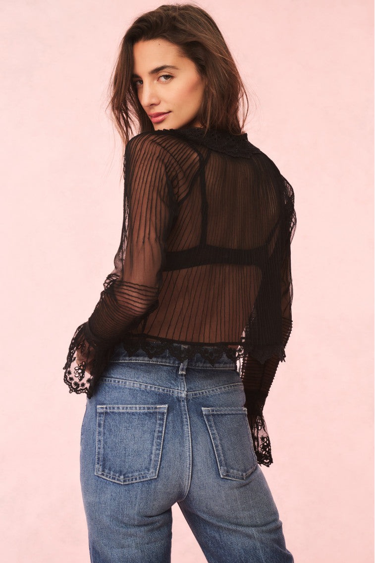Koto Sheer Lace Trimmed Women's Blouse - Elegant Floral Lace Trim Tops for Casual Wear & Date Night Outfits