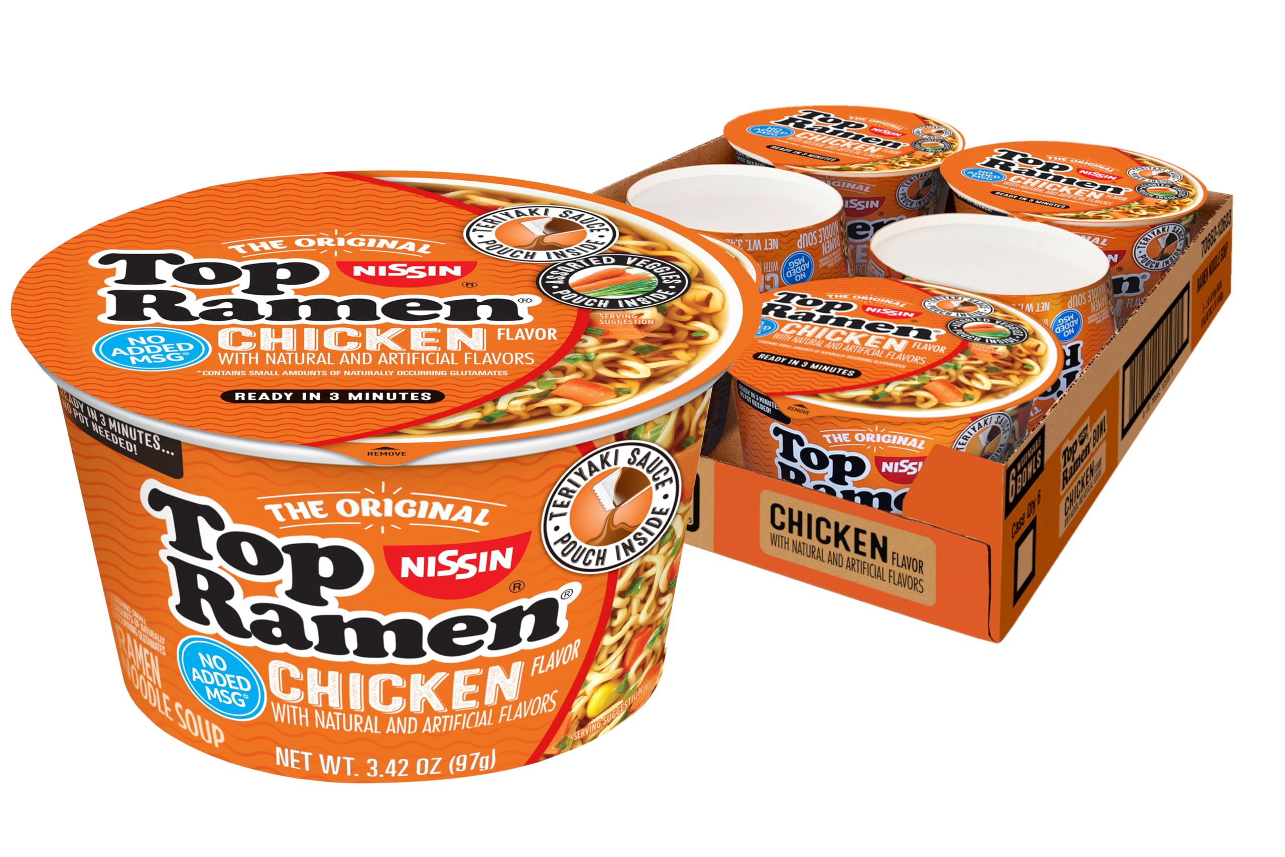 Nissin Top Ramen Bowl Ramen Noodle Soup - Chicken Flavor, 3.42oz (6-Pack) | Quick & Easy Instant Noodles for Lunch, Dinner or Snack | Perfect for College Students, Office Meals & Emergency Food