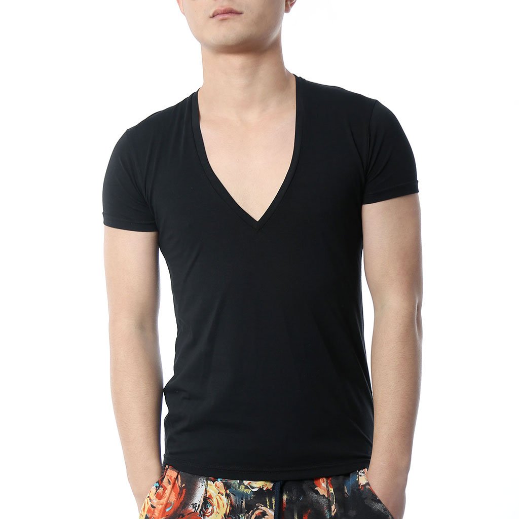 Men's Slim Fit V-Neck T-Shirt - Stretch Cotton Tee with Stepped Hem for Casual Wear & Layering