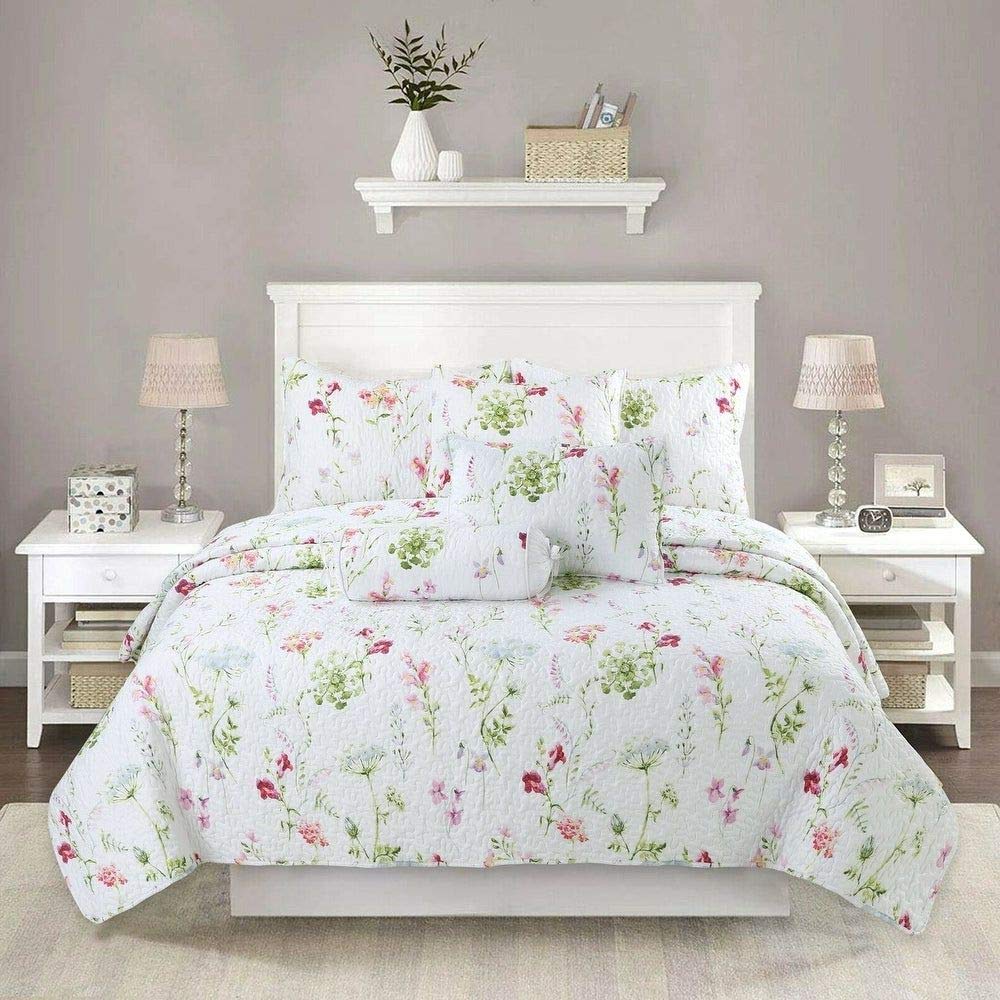 3 Piece Lightweight Floral Quilt Set - Reversible Farmhouse Bedding with Botanical Leaf Pattern, All Season King Size (White/Green) for Cozy Bedroom Decor | Perfect for Guest Rooms, Master Bedrooms & Vacation Homes
