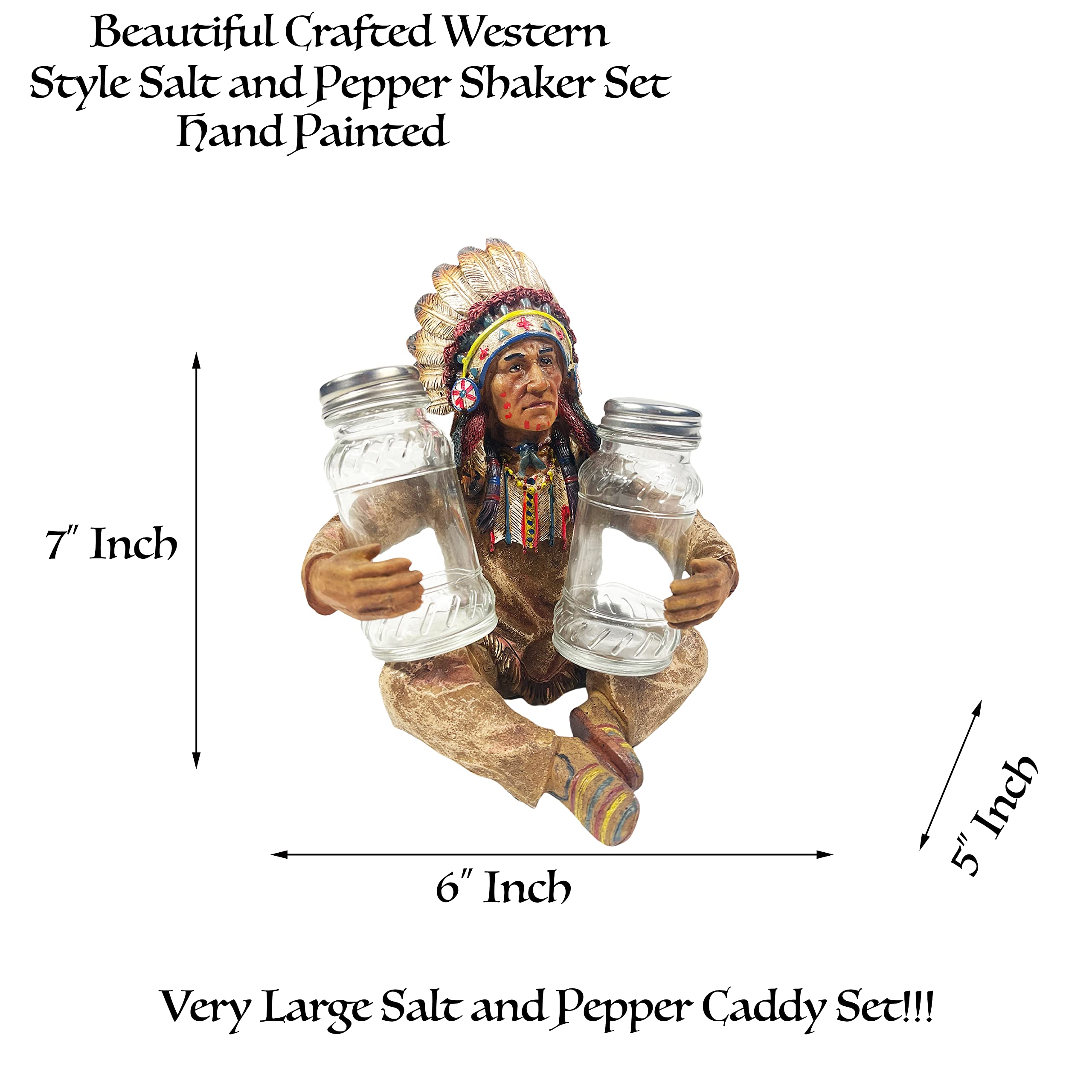 Western Indian Chief Salt and Pepper Shaker Set - Rustic Cowboy Kitchen Decor with Feathers & Star Buckle Design - Perfect for Farmhouse, Ranch, and Country Western Dinner Table Decorations