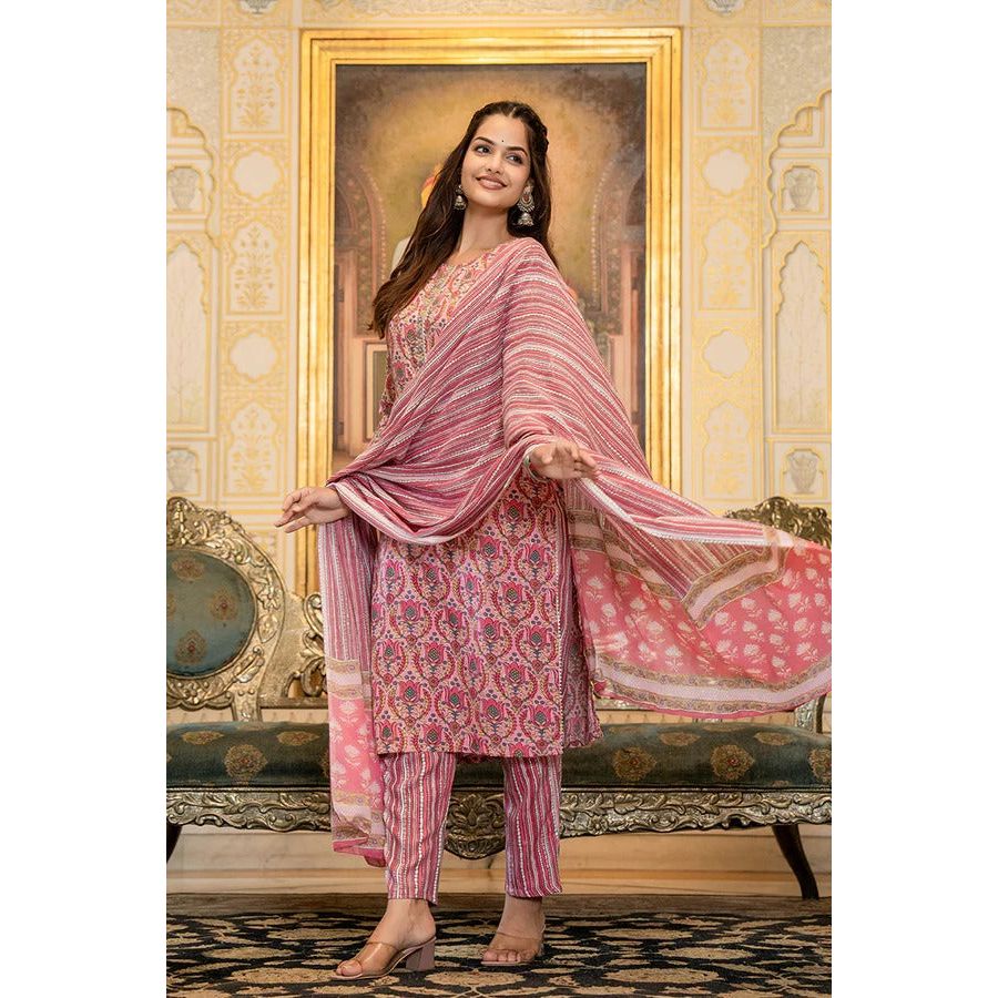 Stylish Pink Rayon Blend Ethnic Motifs Printed Straight Suit Set for Women | Boho Chic Outfit | Perfect for Festivals, Parties & Summer Vacations