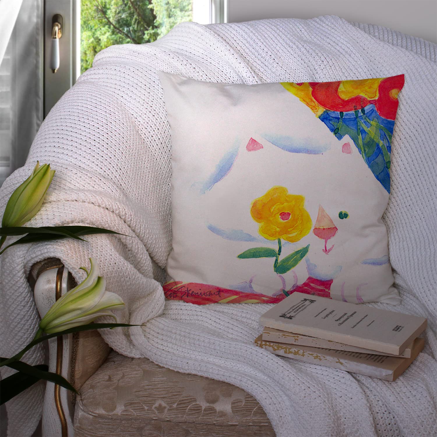 Big White Cat Decorative Pillow - Machine Washable Indoor Outdoor Throw Pillow for Couch, Bed & Patio - 14x14 Inches - Perfect for Home Decor, Living Room Accent & Garden Furniture