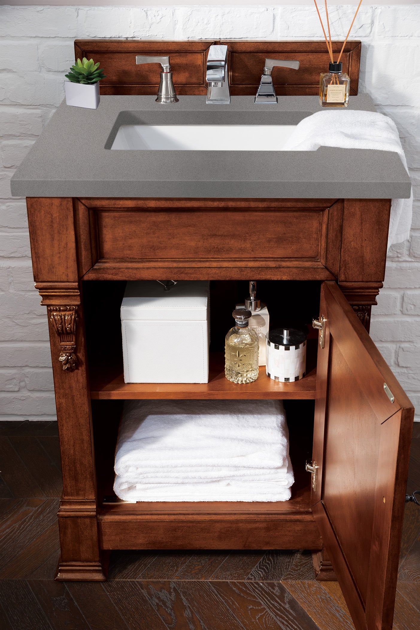 Brookfield 26 Inch Single Bathroom Vanity with Warm Cherry Finish & 3CM Grey Expo Quartz Top - Perfect for Modern Home Bathroom Renovation