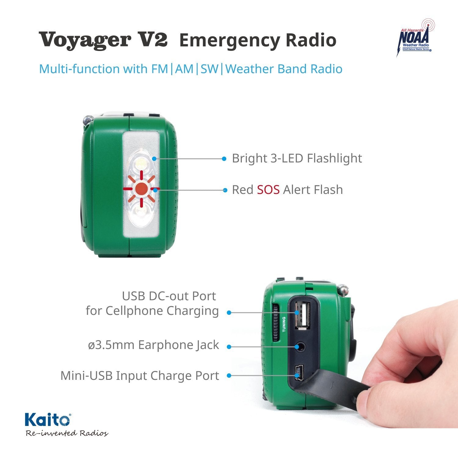 Kaito V2 Best NOAA & SW Portable Solar/Hand Crank AM/FM/Shortwave Weather Emergency Radio with USB Phone Charger & LED Flashlight (Green) - Perfect for Outdoor Camping, Hiking, and Emergency Preparedness