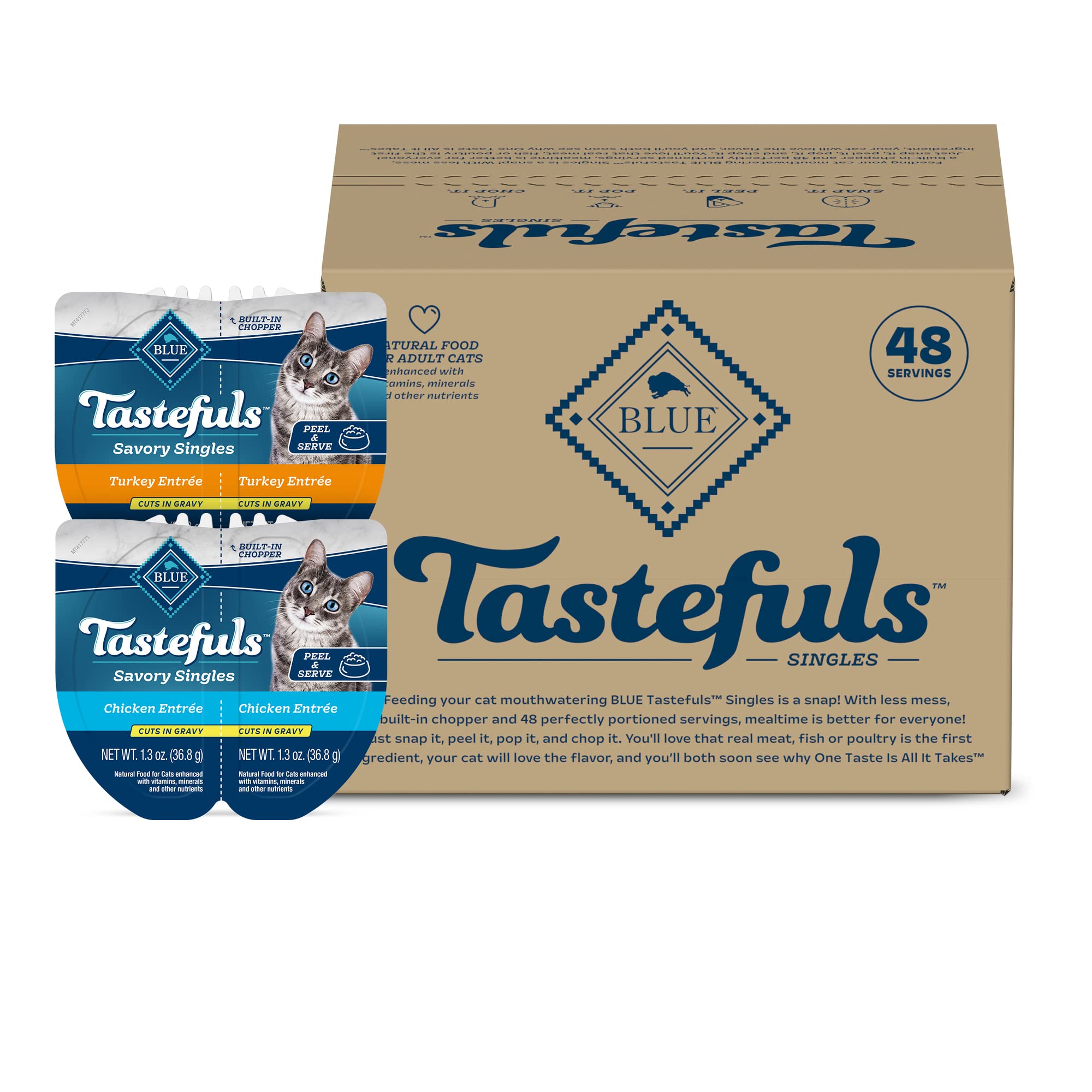 Blue Buffalo Tastefuls Savory Singles Adult Wet Cat Food in Gravy - Chicken & Turkey Variety Pack (24 Twin-Pack Trays, 2.6oz Each) | Grain-Free, High Protein Cat Food for Adult Cats | Perfect for Mealtime, Travel & Picky Eaters