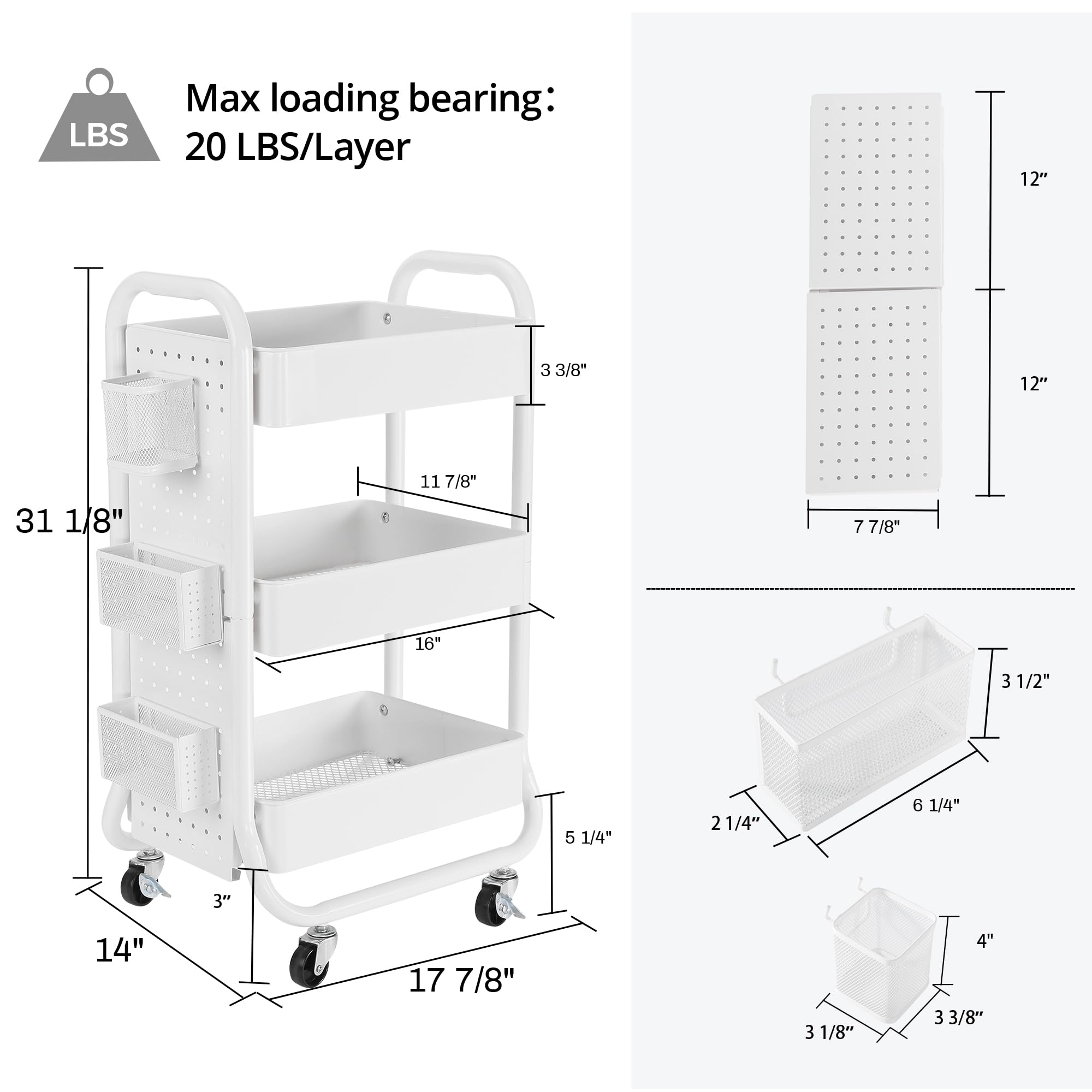 DESIGNA 3-Tier Rolling Utility Cart with Handle - Metal Storage Cart with Removable Pegboard & 3 Accessories - Easy Assembly Organizer for Kitchen, Bathroom, Office, Craft Room - White (Perfect for Home Organization & Mobile Storage Solutions)