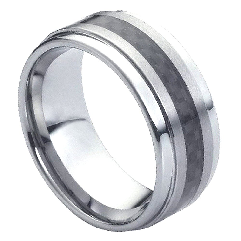 9mm Black Carbon Fiber Inlay Tungsten Carbide Wedding Band for Men - Comfort Fit Stepped Edge Anniversary Ring - Perfect for Engagements, Weddings & Special Occasions