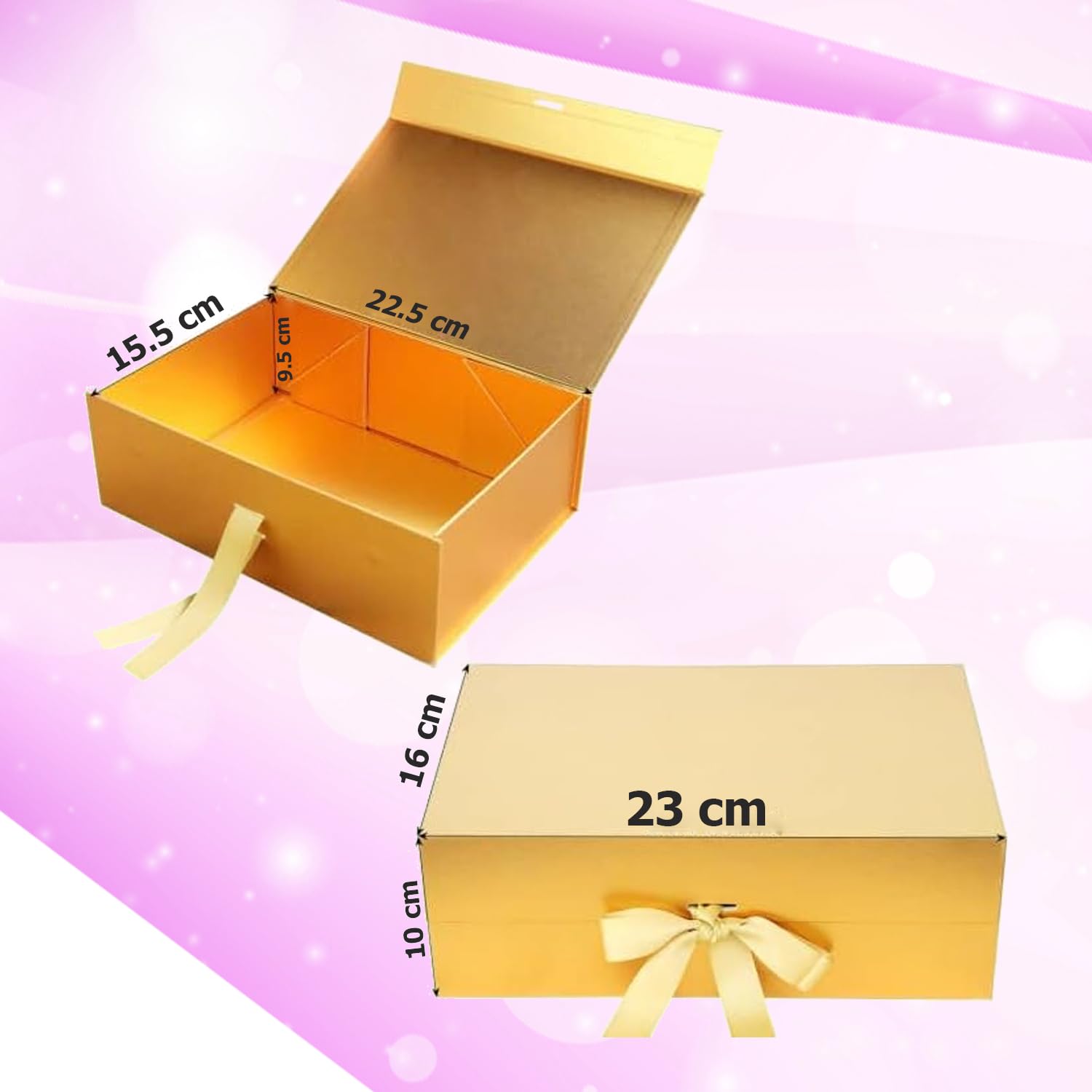 Elegant Gold Gift Box with Ribbon - 23x16x10cm Reusable Folding Present Box for Rakhi, Birthday Party Favors & Special Occasions | Premium Gift Packaging for Jewelry, Candles & Luxury Items