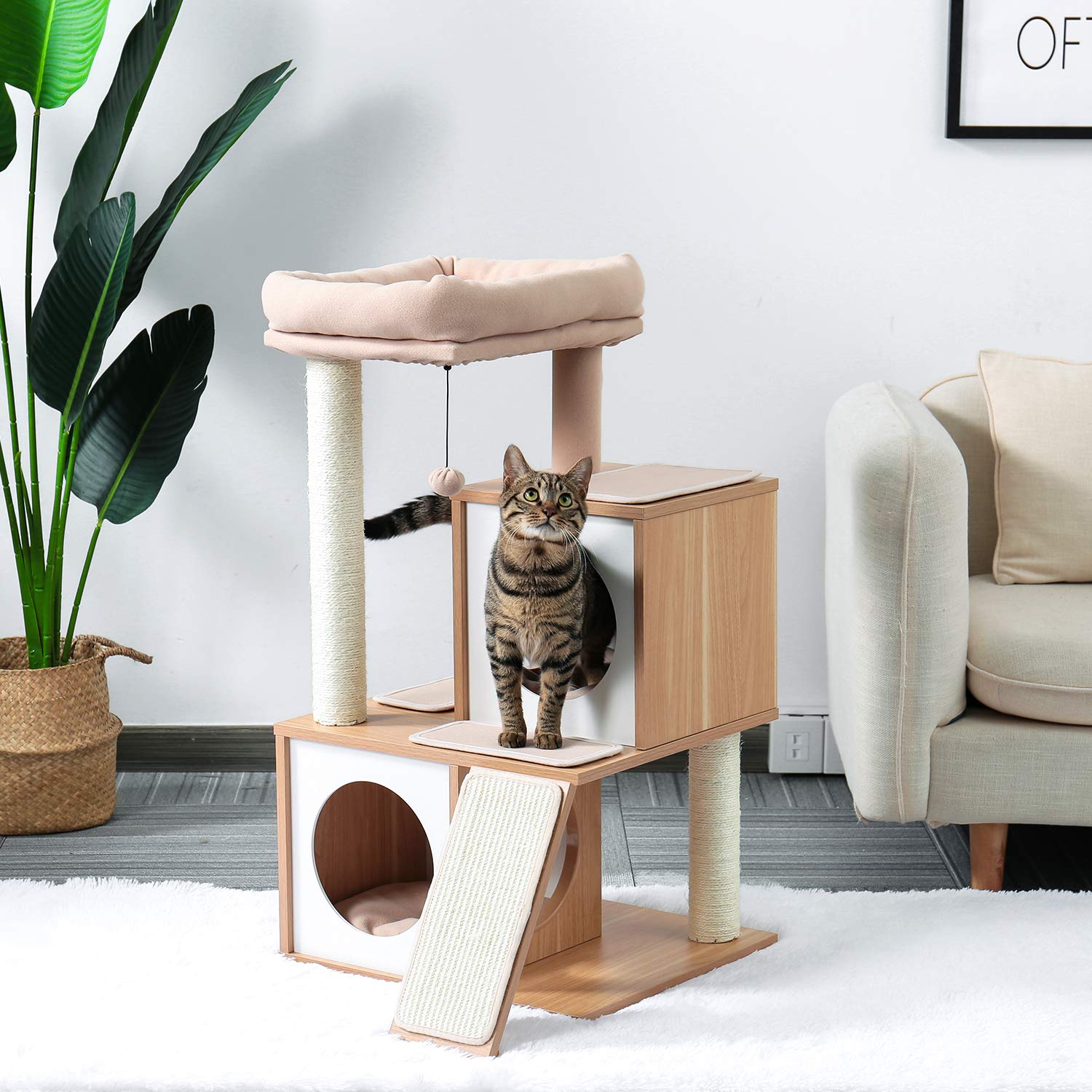 Premium Modern Wood Cat Tree Tower with Double Condos, Spacious Perch & Sisal Scratching Posts - Replaceable Dangling Toys for Indoor Cats - Perfect for Play, Rest & Climbing in Home or Apartment