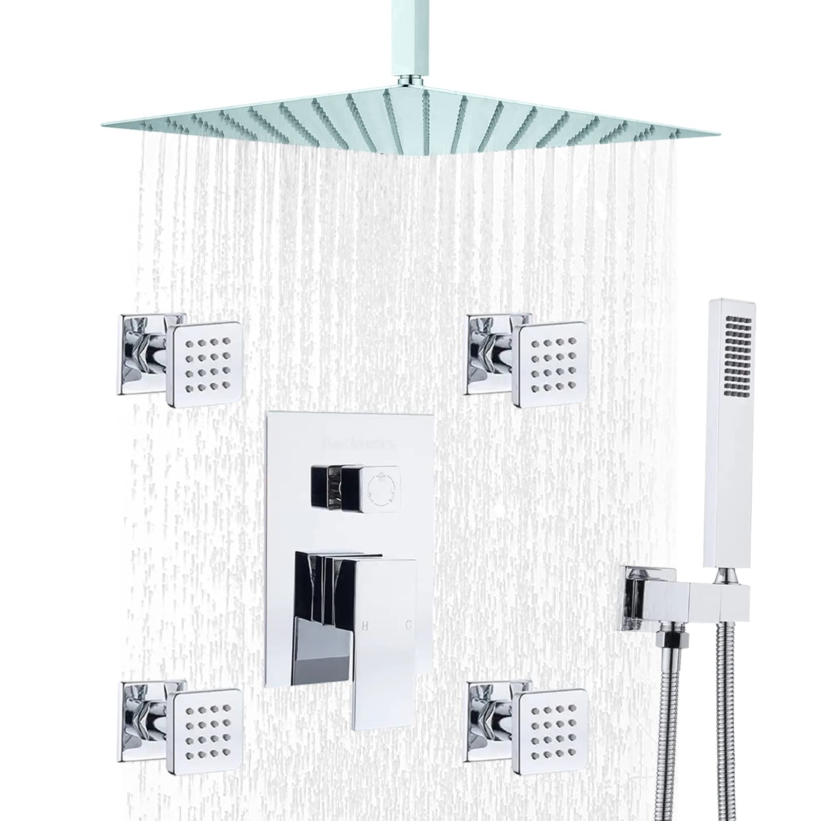 Premium 16 Inch High Pressure Rain Shower System - Chrome Ceiling Mount Shower Head with Handheld, Body Sprays & 3-Way Diverter Valve - Luxury Brass Shower Faucet Set for Spa-Like Bathroom Experience - Perfect for Master Bathrooms, Hotel Suites & Modern Home Renovations