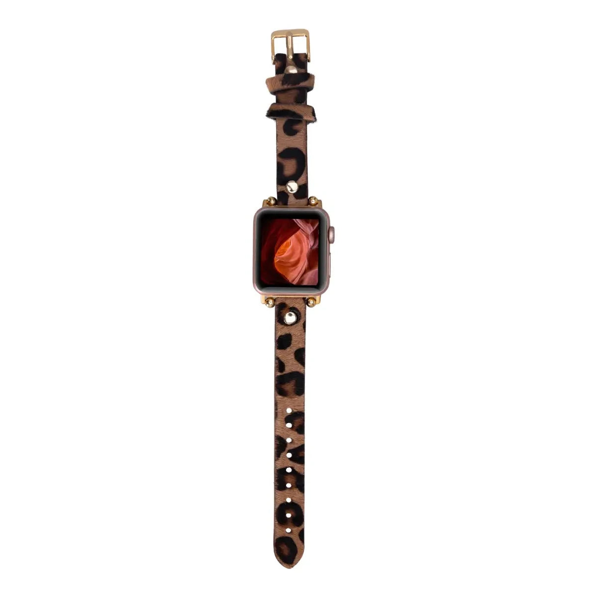 Furry Leopard Print Genuine Leather Ultra Slim Apple Watch Band with Gold Rivets - Stylish & Comfortable for Workouts, Office & Everyday Wear