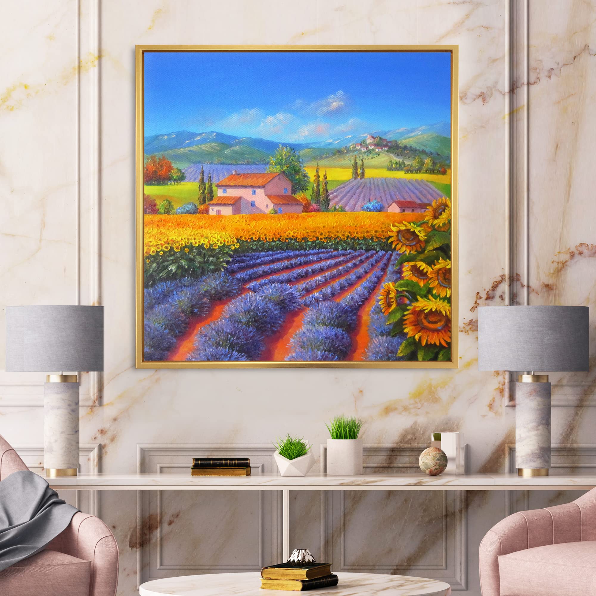 DesignQ Lavender and Sunflower Fields Framed Canvas Wall Art - Handmade Traditional Landscape Painting for Living Room, Bedroom & Office Decor