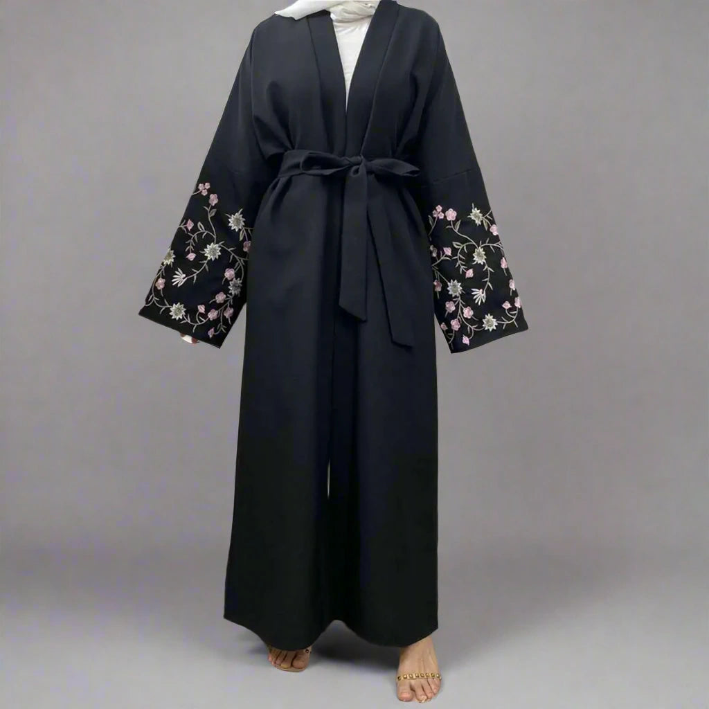 Floral Embroidery Sleeve Open Abaya Dress - Elegant Muslim Women's Kaftan for Prayer, Wedding & Special Occasions