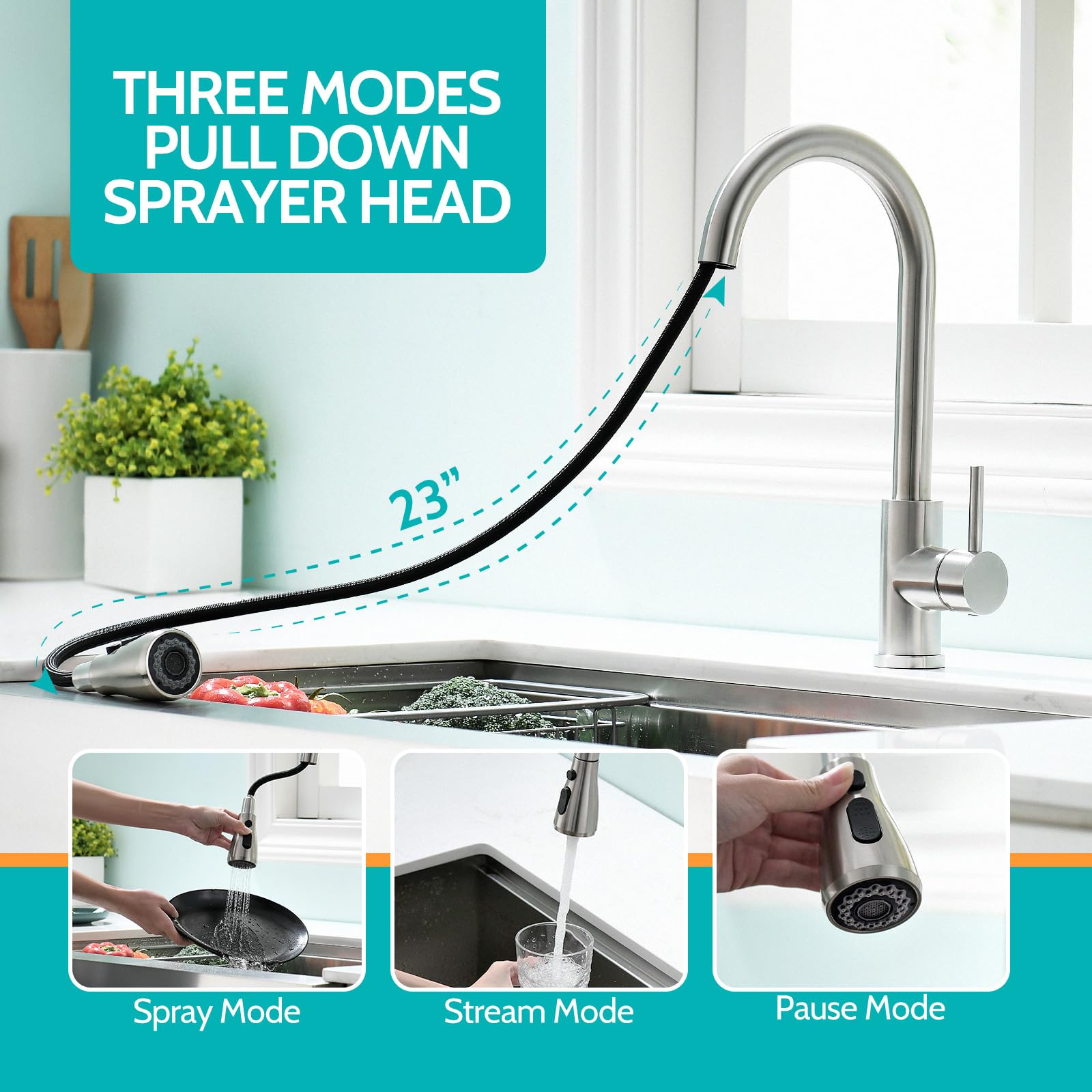 Kicimpro Brushed Nickel Pull Down Sprayer Kitchen Faucet - High Arc Single Handle Sink Faucet with Water Lines, Commercial Modern RV Stainless Steel Faucet for Home, Restaurant & RV Kitchen Use