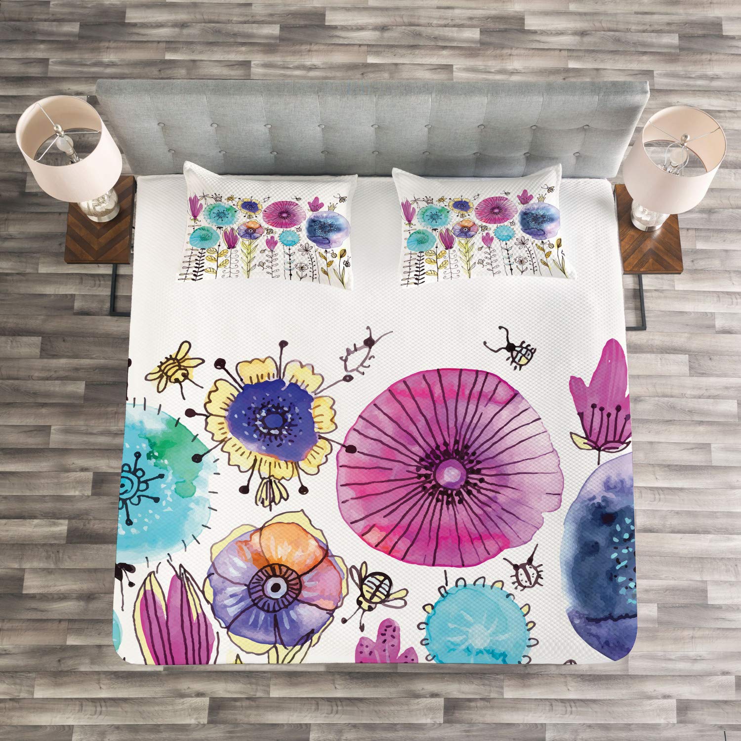 Ambesonne Dragonfly Bedspread Set - 3-Piece Summer Themed Bedding with Dandelion & Dragonfly Design, King Size Pink Blue Coverlet & 2 Pillow Shams | Perfect for Guest Rooms, Master Bedroom Decor & Seasonal Home Refresh