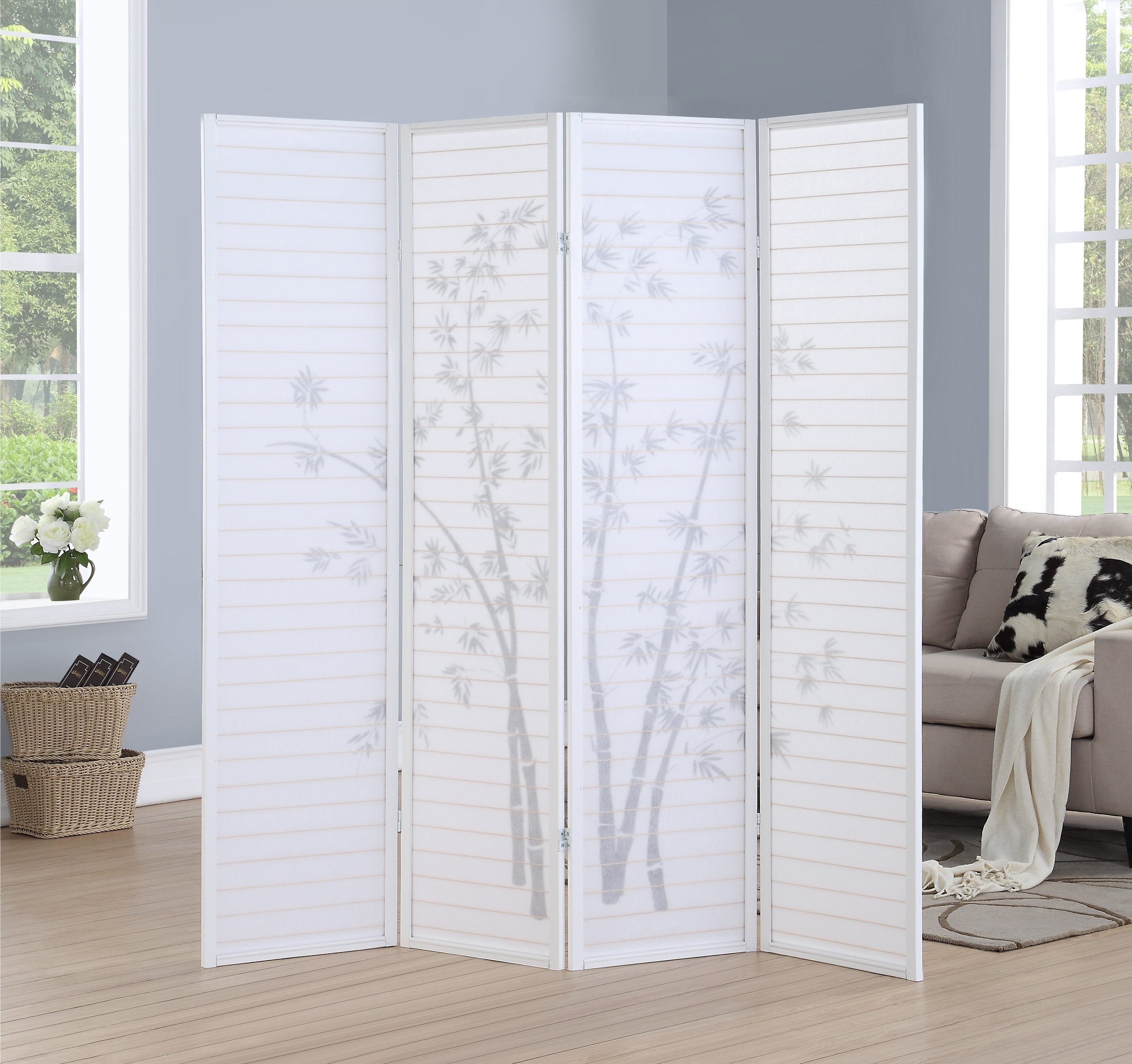 Roundhill Furniture Bamboo Print 4-Panel Folding Room Divider Screen - White Privacy Partition for Home, Office & Studio Decor - Perfect for Living Room, Bedroom Separation and Space Division