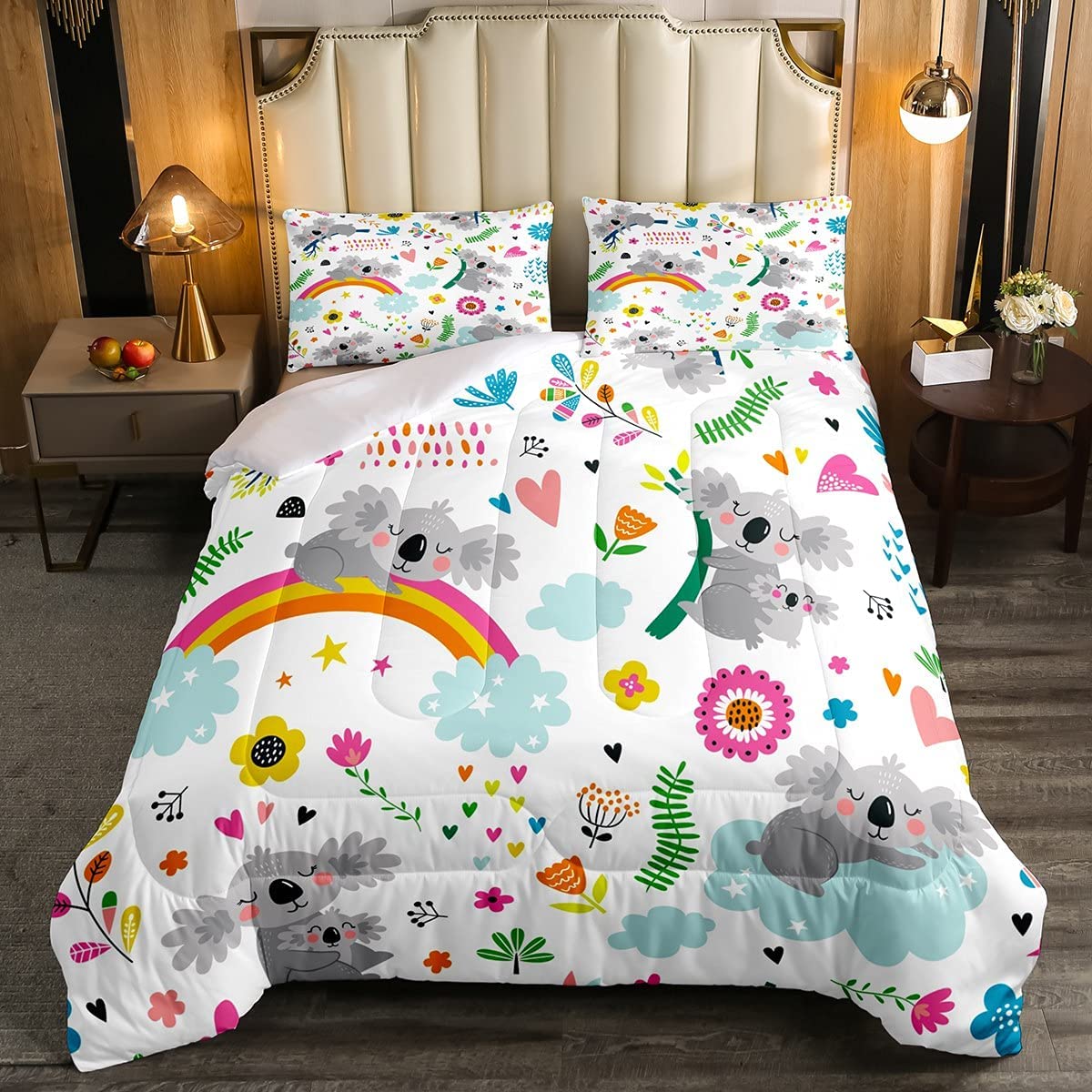 **Koala Safari Animal Kids Bedding Set - Full Size Comforter with 2 Pillowcases, Cute Cartoon Rainbow Design for Boys & Girls - Perfect for Nursery, Bedroom Decor & Gift**