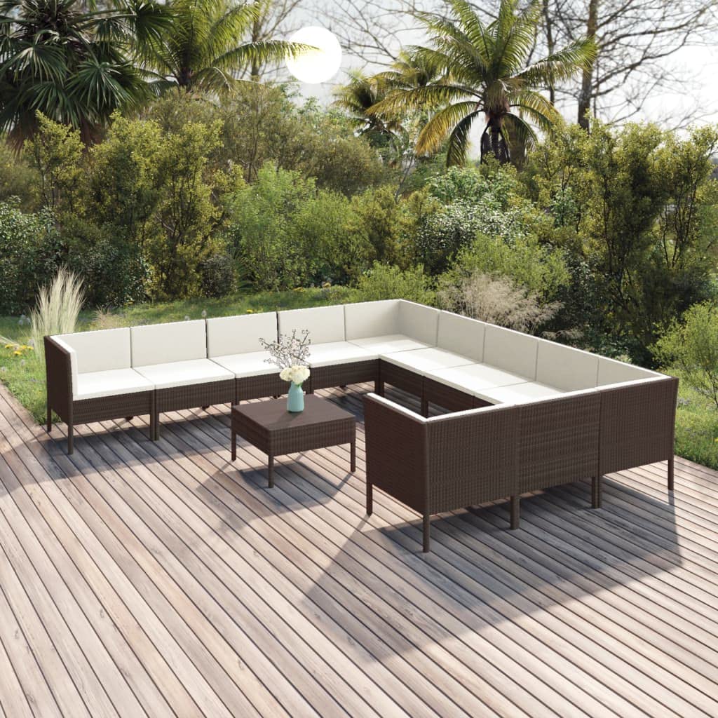 12-Piece Patio Lounge Set with Cushions - Brown Poly Rattan Outdoor Furniture (182 lbs) for Garden, Poolside & Backyard Relaxation