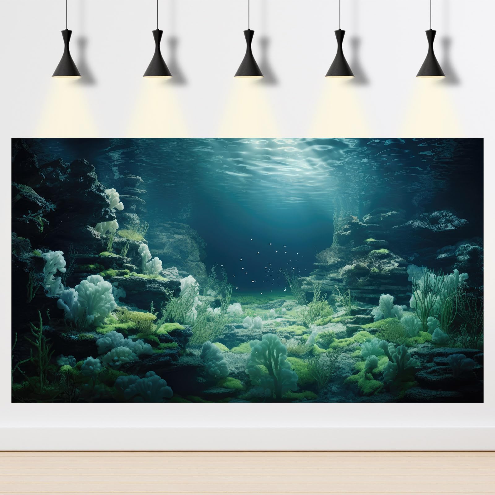 60x24in Underwater Coral Reef Aquarium Background Poster - Bioluminescent Coral, Lush Moss & Sunlight Rays for Fish Tank Decoration | Perfect for Saltwater & Freshwater Aquariums, Terrariums & Home Decor