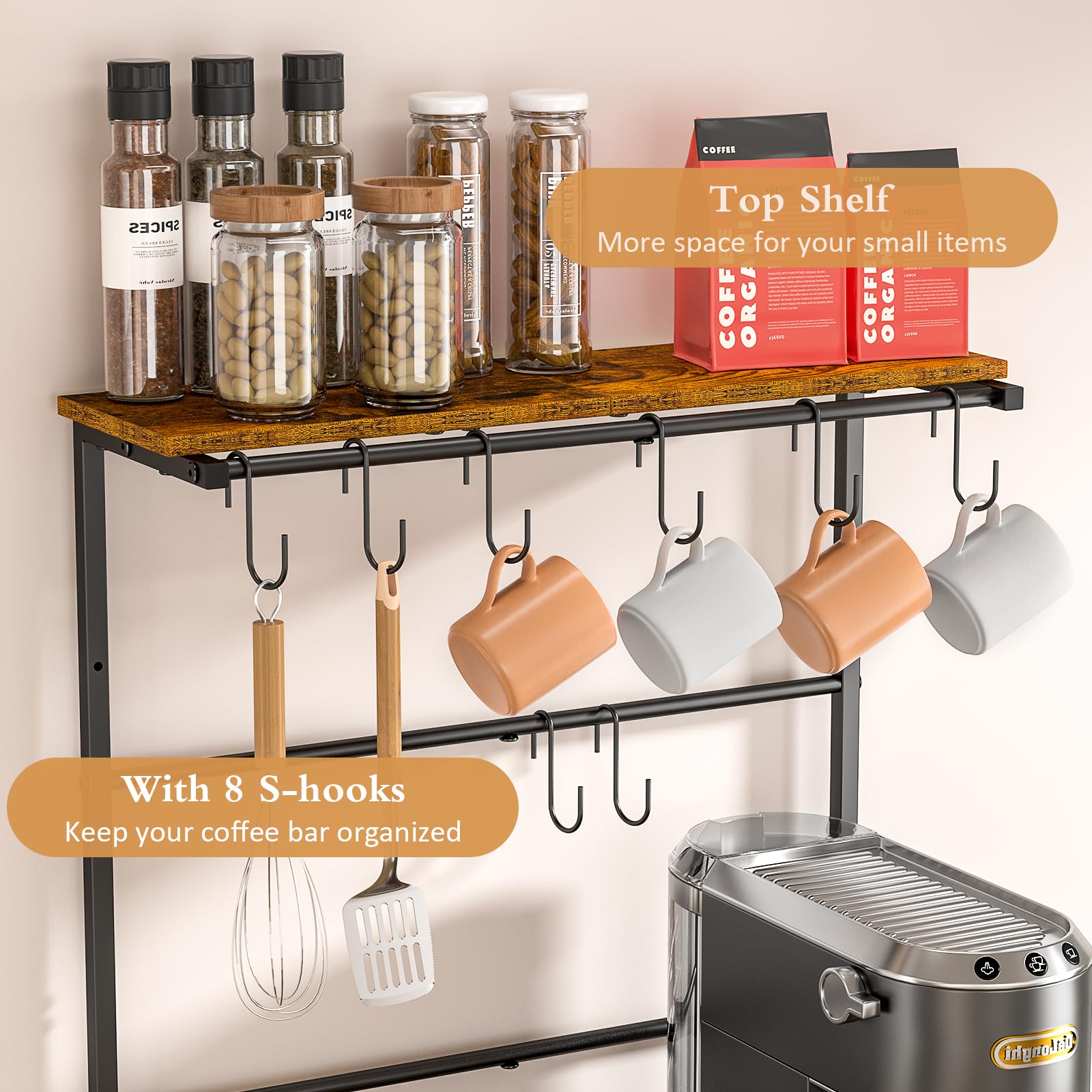 4-Tier Coffee Bar Station with 8 S-Shaped Hooks - Farmhouse Style Kitchen Baker's Rack - 24.41