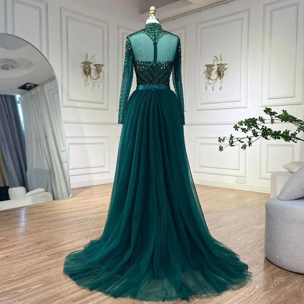 Elegant Muslim Green Mermaid Lace Beaded Arabic Evening Dress for Women - Luxury Wedding & Party Gown 2025 | Perfect for Bridal Showers, Formal Events & Special Occasions