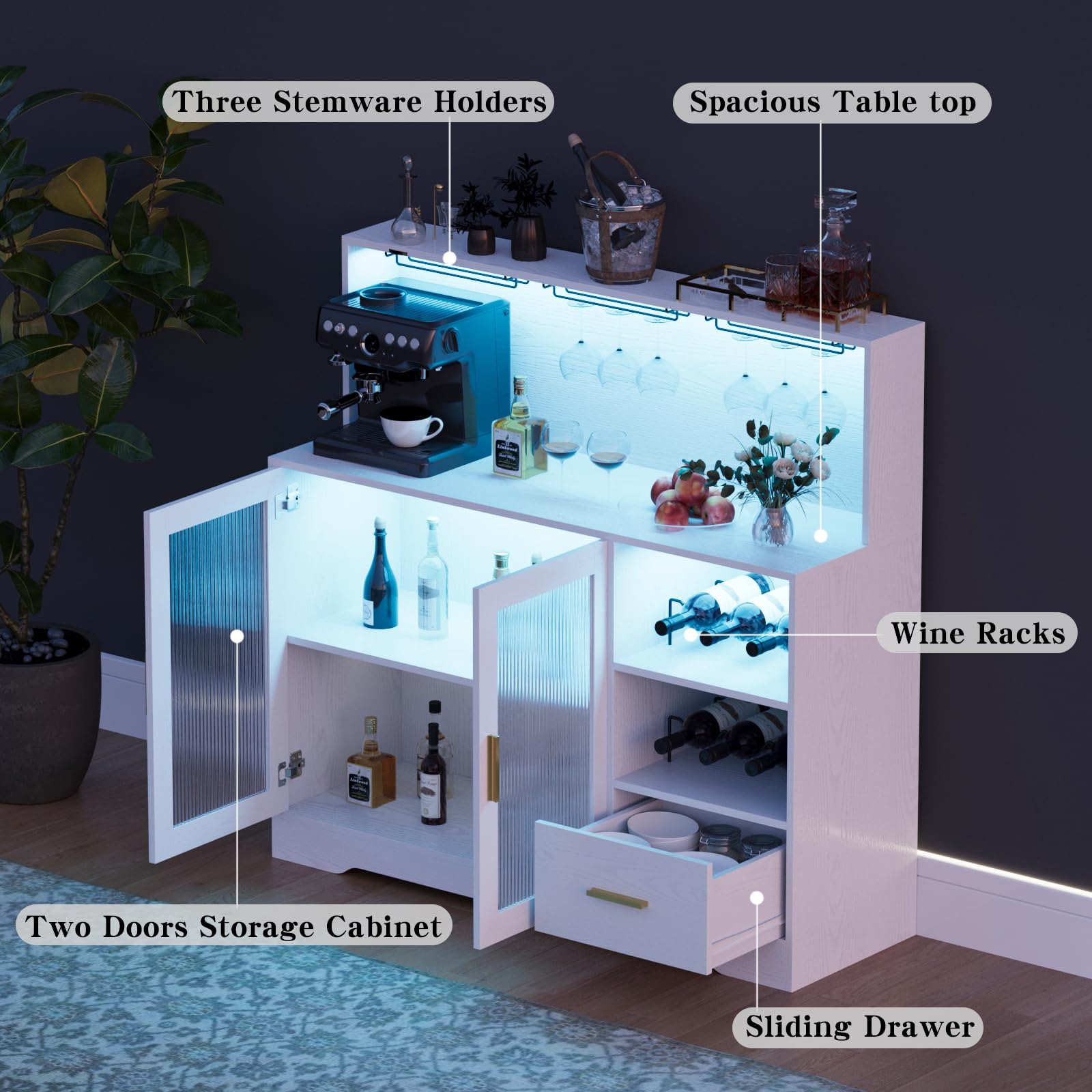 Modern White Large Wine Bar Cabinet with LED Lights, Wine & Glass Rack - Kitchen Coffee Bar Storage Buffet Sideboard with Drawers for Dining Room, Living Room & Home Entertaining