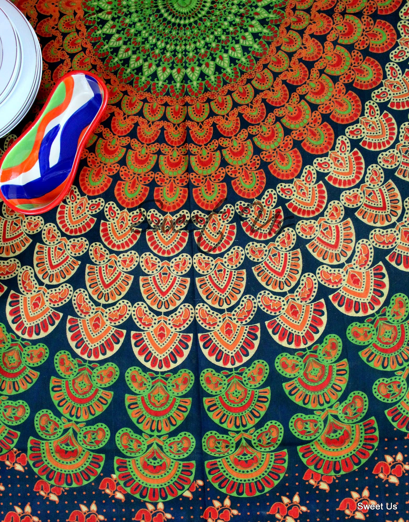 Premium Cotton Floral Tablecloth for Rectangle Tables - Peacock Green Orange Rust Gold Design - 54 x 84 Inch Washable Table Cover for Dining Room, Kitchen, Patio & Outdoor Events