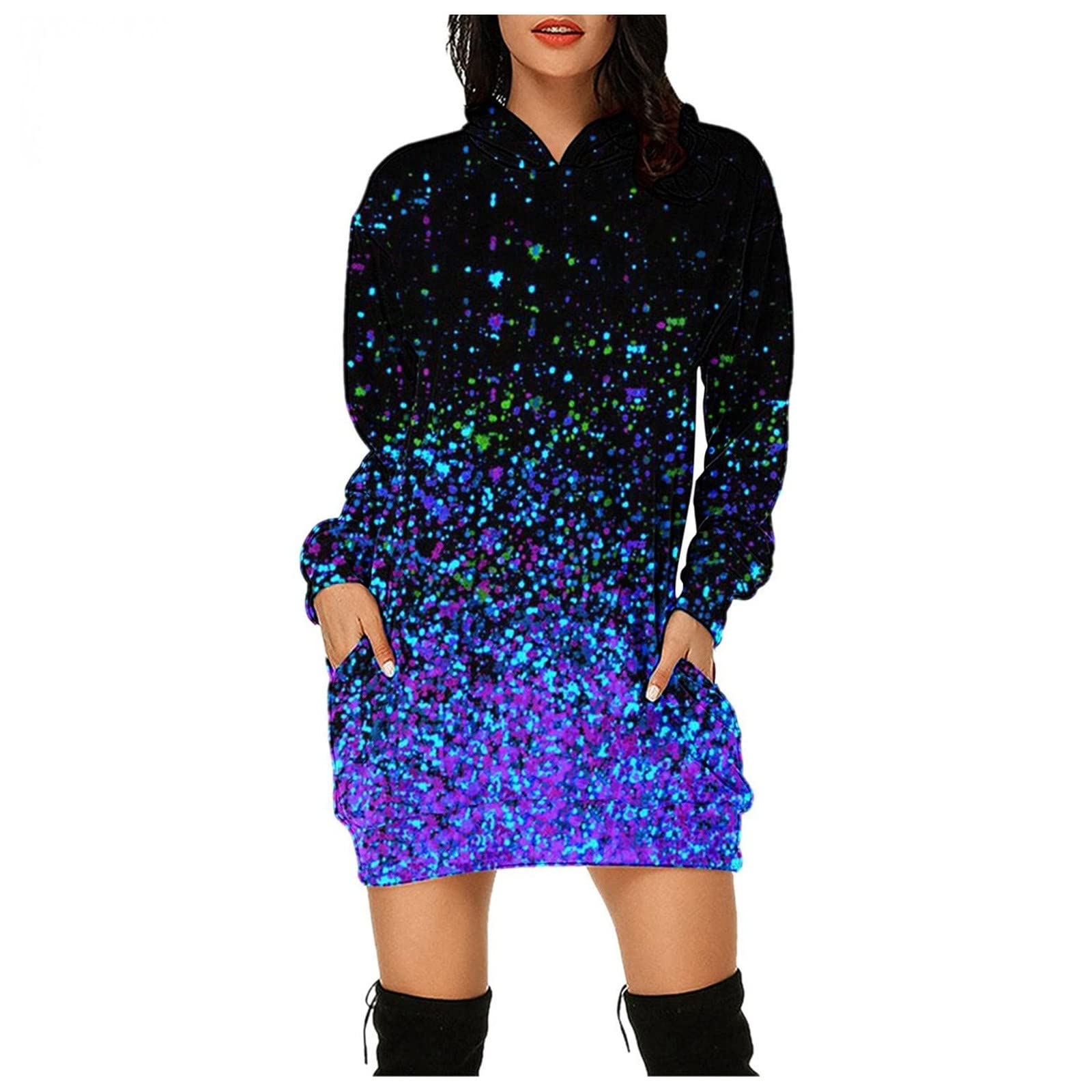 Women's Christmas Hooded Pullover Dress with Pocket - Casual Printed Blouse Top for Holiday Party, Long Sleeve Outwear Coat | Perfect for Christmas Gatherings, Office Parties & Winter Fashion