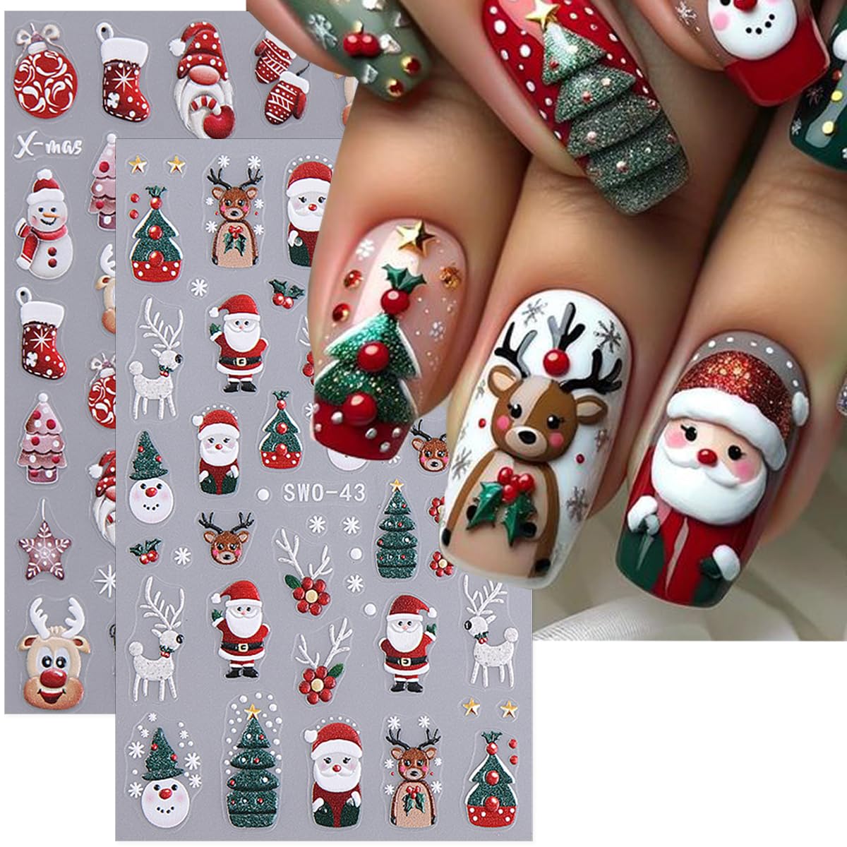 8 Sheets Christmas Nail Art Stickers - 5D Santa Claus, Gingerbread Man, Candy, Elk, Tree & Snowman Winter Nail Decals for DIY Manicure | Perfect for Holiday Parties, Gift Wrapping & Festive Nail Designs