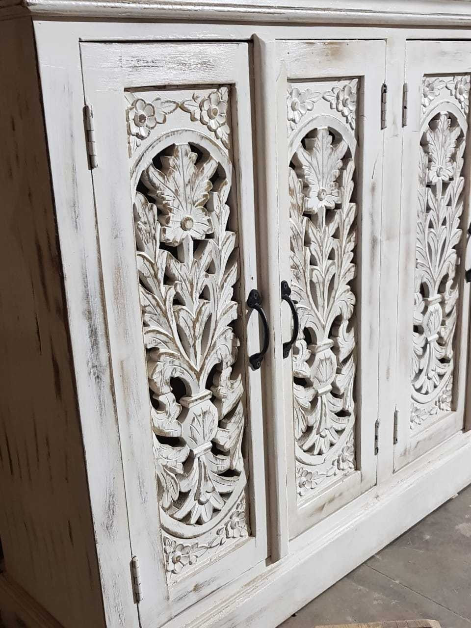 Hand Carved Indian Solid Wood Buffet Cabinet Sideboard Hutch - White | Rustic Dining Room Storage Furniture for Home Decor & Entertaining