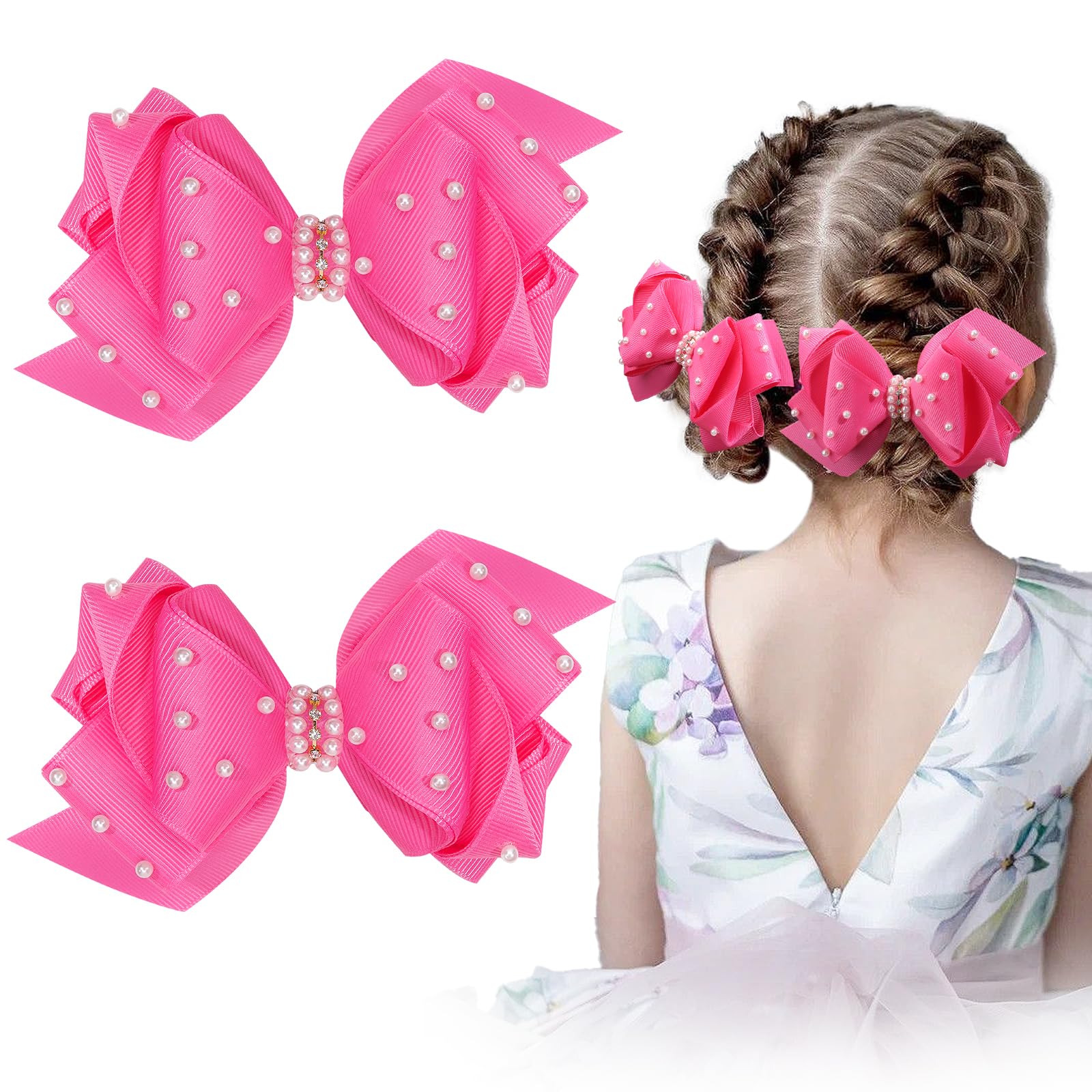 2Pcs Pearl Hair Bows for Girls - 4.5 Inch Grosgrain Ribbon Alligator Clip Hair Accessories for Toddlers, Kids & Baby - Perfect for Birthday Parties, Weddings & Special Occasions (Pink)