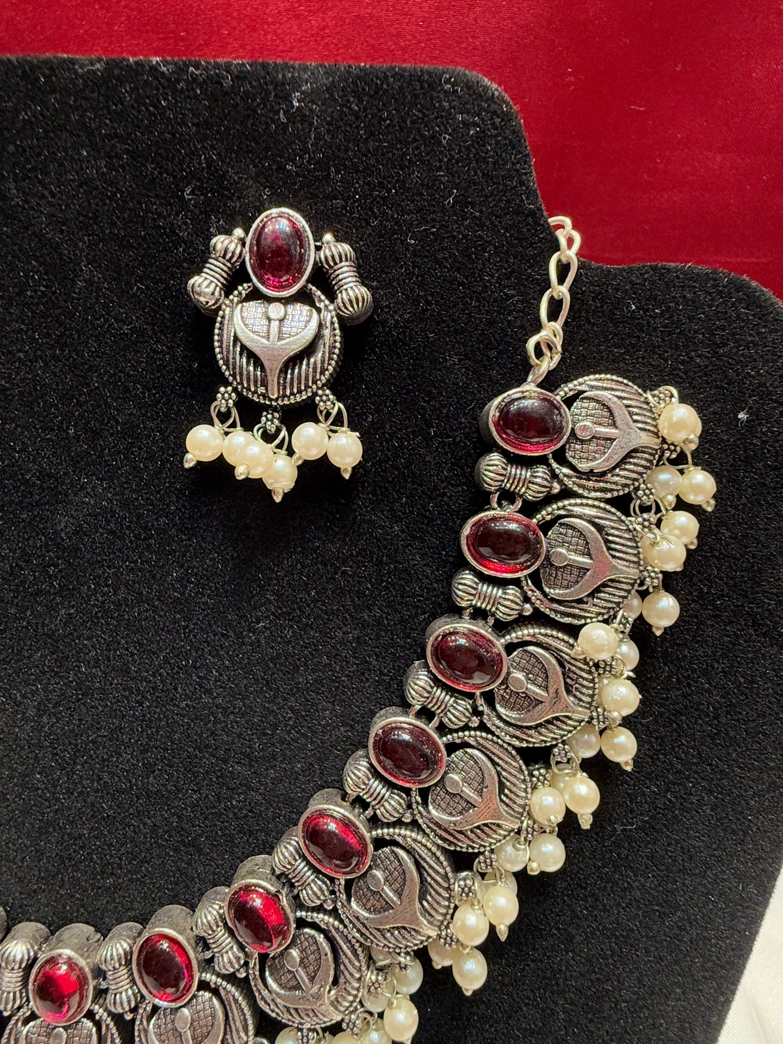 Elegant Oxidized Maroon Stone Beaded Necklace & Earrings Set | Handmade Bohemian Jewelry for Women | Perfect for Weddings, Parties & Everyday Wear