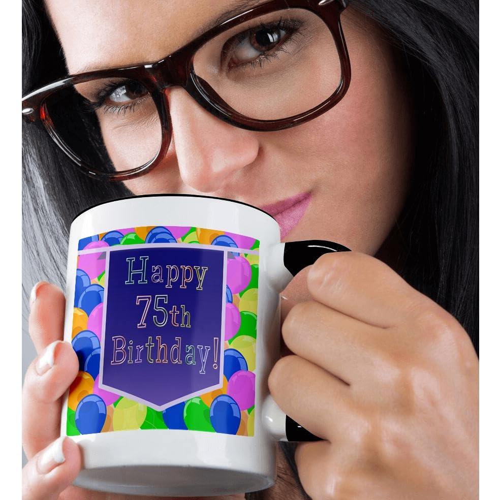 3dRose Happy 75th Birthday Two-Tone Mug - 11 oz Black Coffee Cup with Purple Balloon Banner Design - Perfect for Anniversary Gifts & Milestone Celebrations