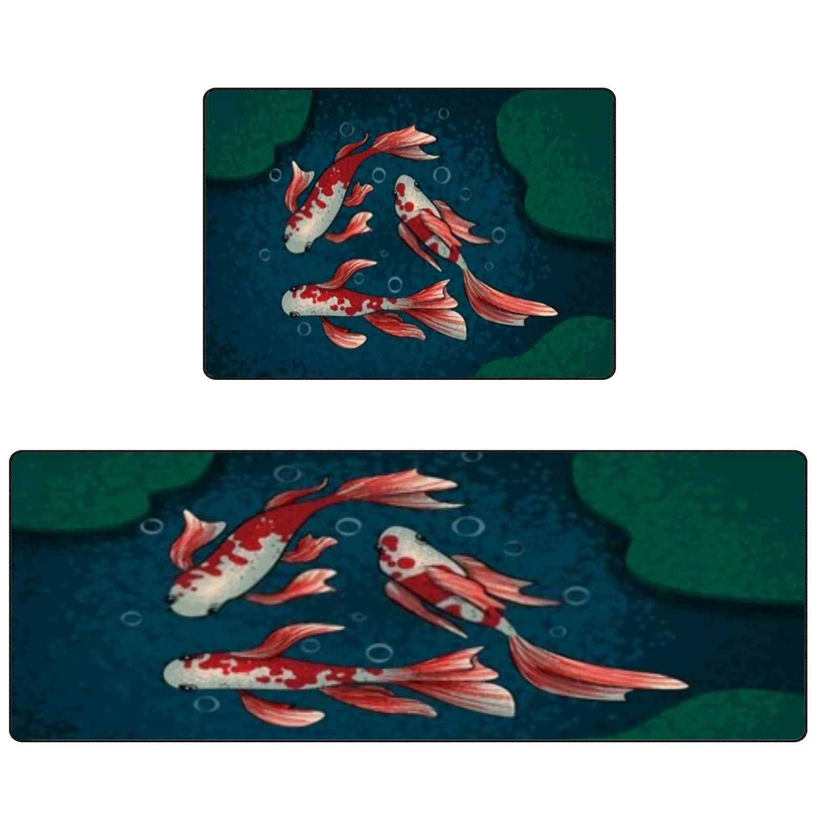 2-Piece Anti-Fatigue Kitchen Rugs and Mats Set - Non-Slip Washable Floor Mats with Asian Koi Fish Design for Comfortable Standing - Perfect for Kitchen, Home, and Office Workspaces