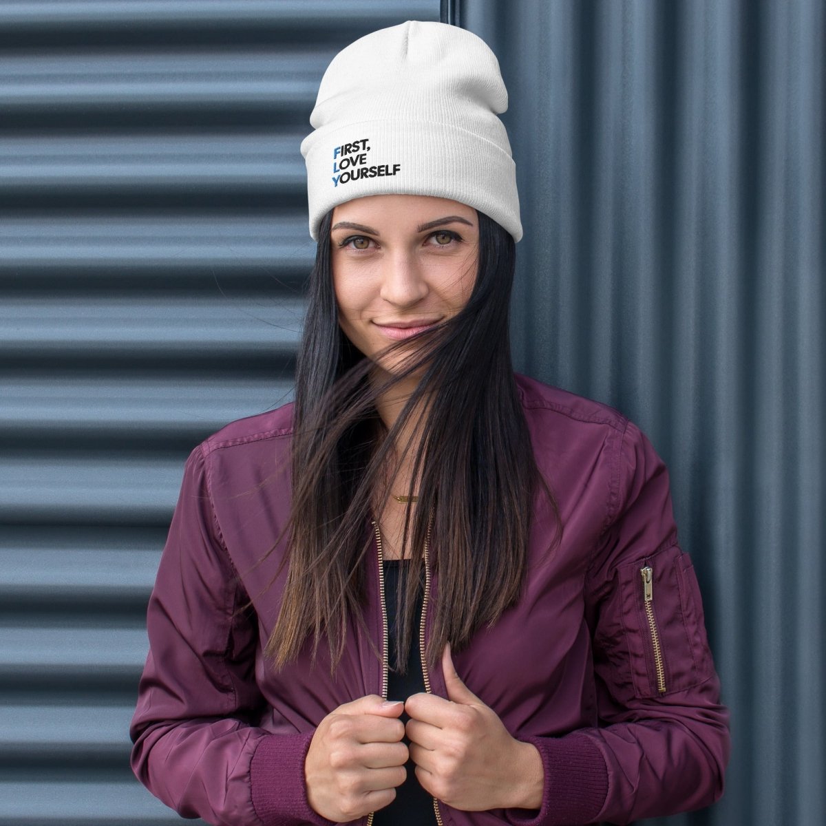 First, Love Yourself Embroidered Beanie Hat - Cute Winter Knit Cap with Inspirational Embroidery - Perfect for Cold Weather, Outdoor Activities & Casual Streetwear Fashion