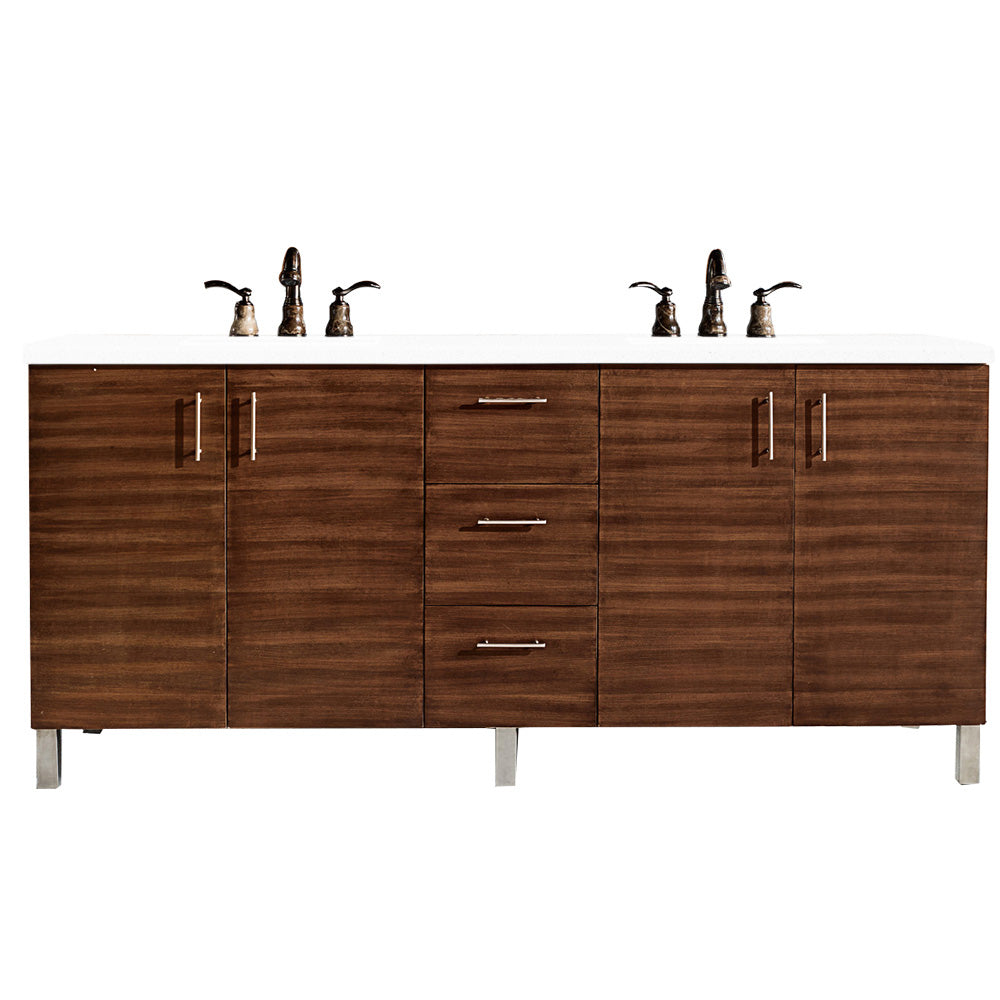 Metropolitan 72 Inch Double Bathroom Vanity with American Walnut Finish & 3CM Classic White Quartz Countertop - Perfect for Master Bathroom or Guest Suite Renovation