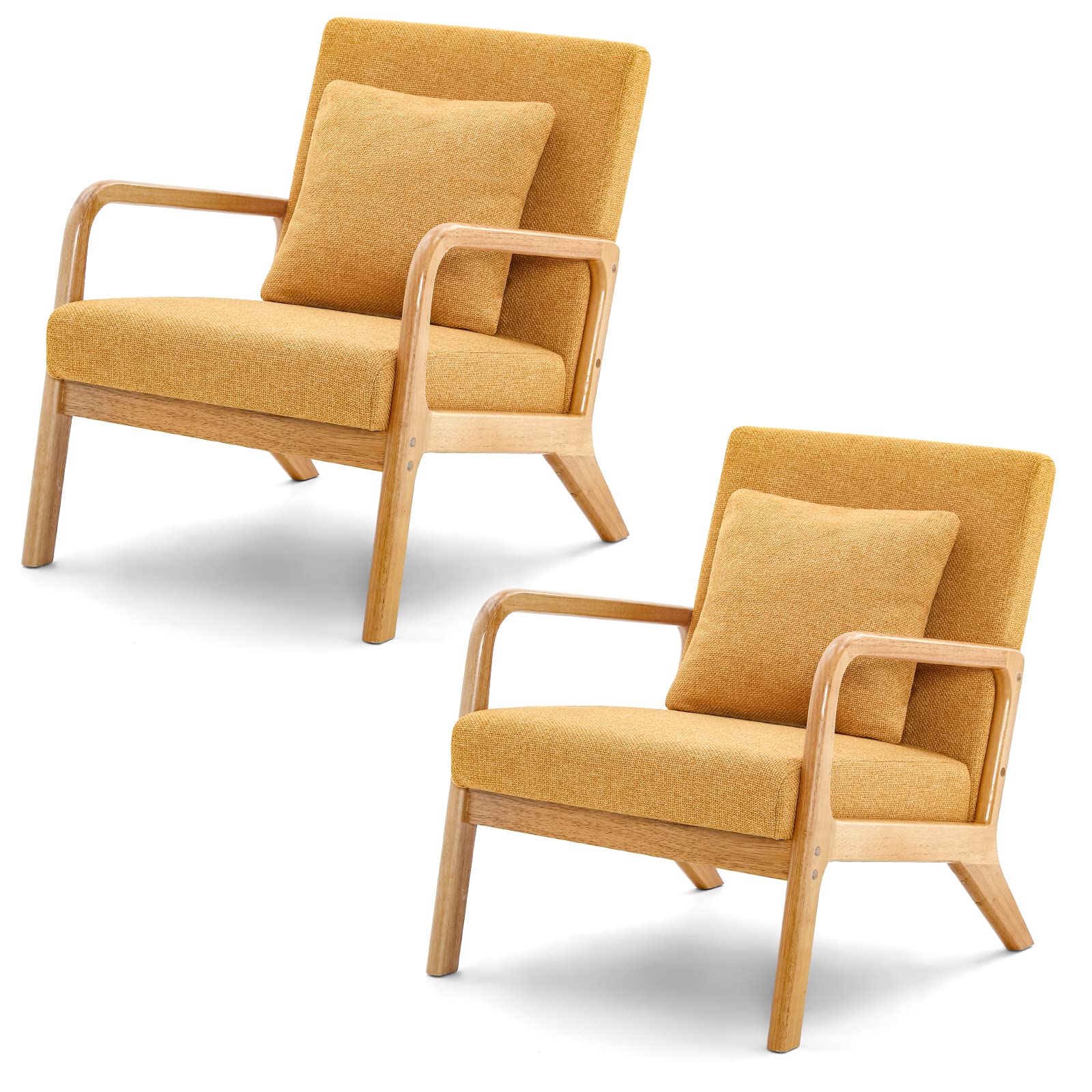Mid-Century Modern Accent Chair - Solid Wood Frame Armchair with Soft Cushion & Pillow for Living Room, Bedroom, Balcony | Comfortable Deeper Sitting Chair in Yellow | Perfect for Reading Nook, Lounge Area & Home Office Decor