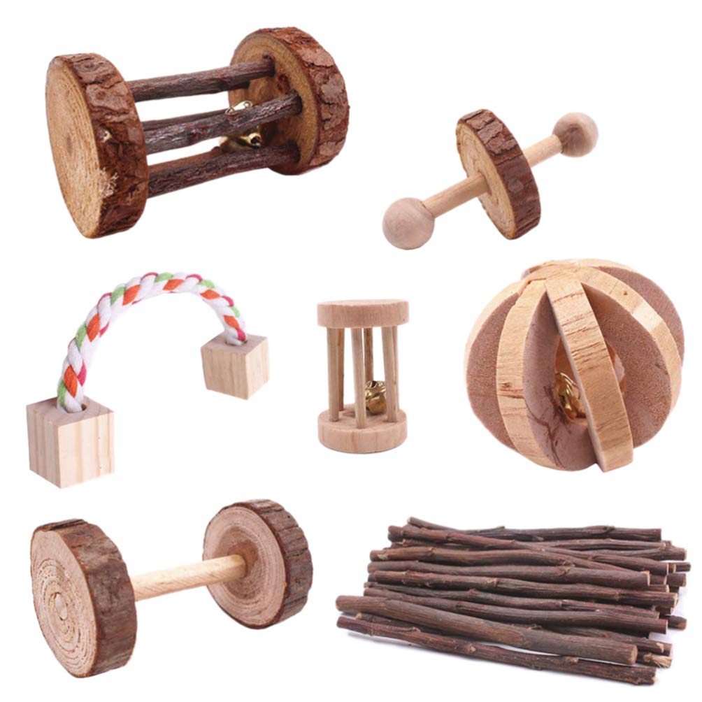 TEHAUX 7pcs Natural Wooden Hamster Chew Toys Set - Teeth Care & Molar Toys for Guinea Pigs, Syrian Hamsters, Rats, Chinchillas & Gerbils | Small Pet Accessories for Cage Enrichment & Dental Health