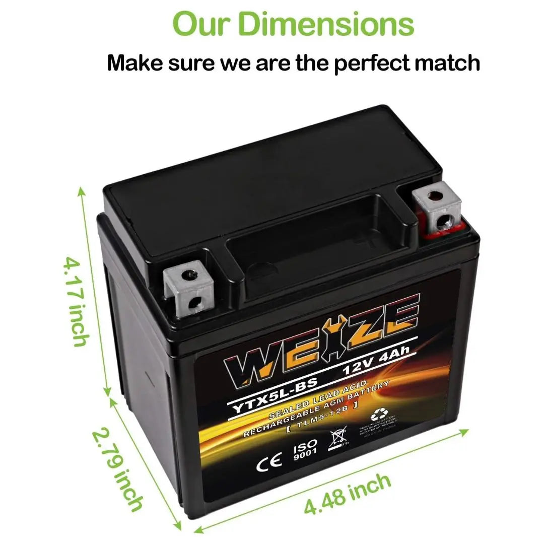 WEIZE YTX5L-BS 12V 4Ah AGM Sealed Motorcycle Battery - Maintenance Free, High Performance, Compatible with Honda, YUASA, Yamaha ETX5L-BS Batteries - Perfect for ATVs, Scooters, and Powersports Vehicles