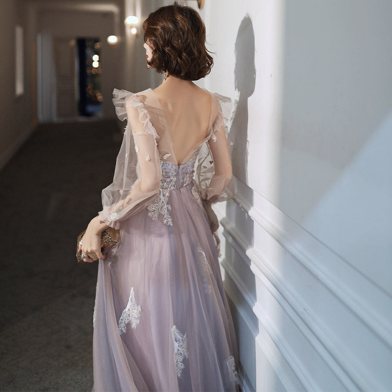 Elegant Long Sleeve Lace Prom Dress with Fairy Tulle Skirt - Formal Evening Gown for Women Size 175 - Perfect for Homecoming, Quinceañera, and Wedding Guest Occasions