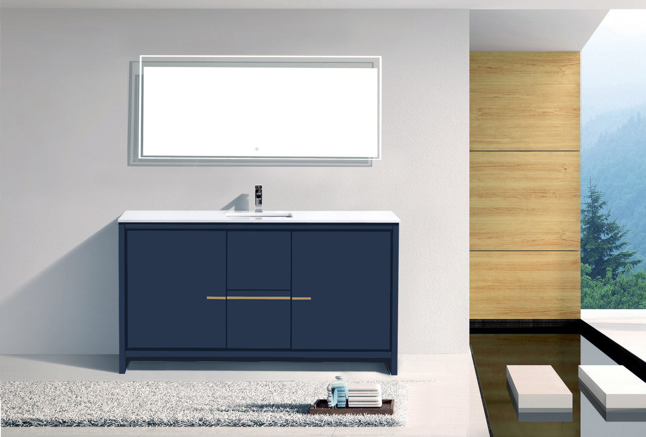 Modern Blue Floor Standing Bathroom Vanity with Quartz Countertop - AD60 Single Sink for Contemporary Home & Apartment Bathroom Decor