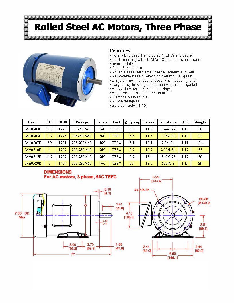 Hallmark Industries MA0515E 1.5 HP AC Motor - 1725 RPM, 3 Phase, 208-230/460V, 56C Frame, TEFC, Inverter Duty, Foot Mounted - Perfect for Industrial Pumps, Fans, and Conveyor Systems (Pack of 1)