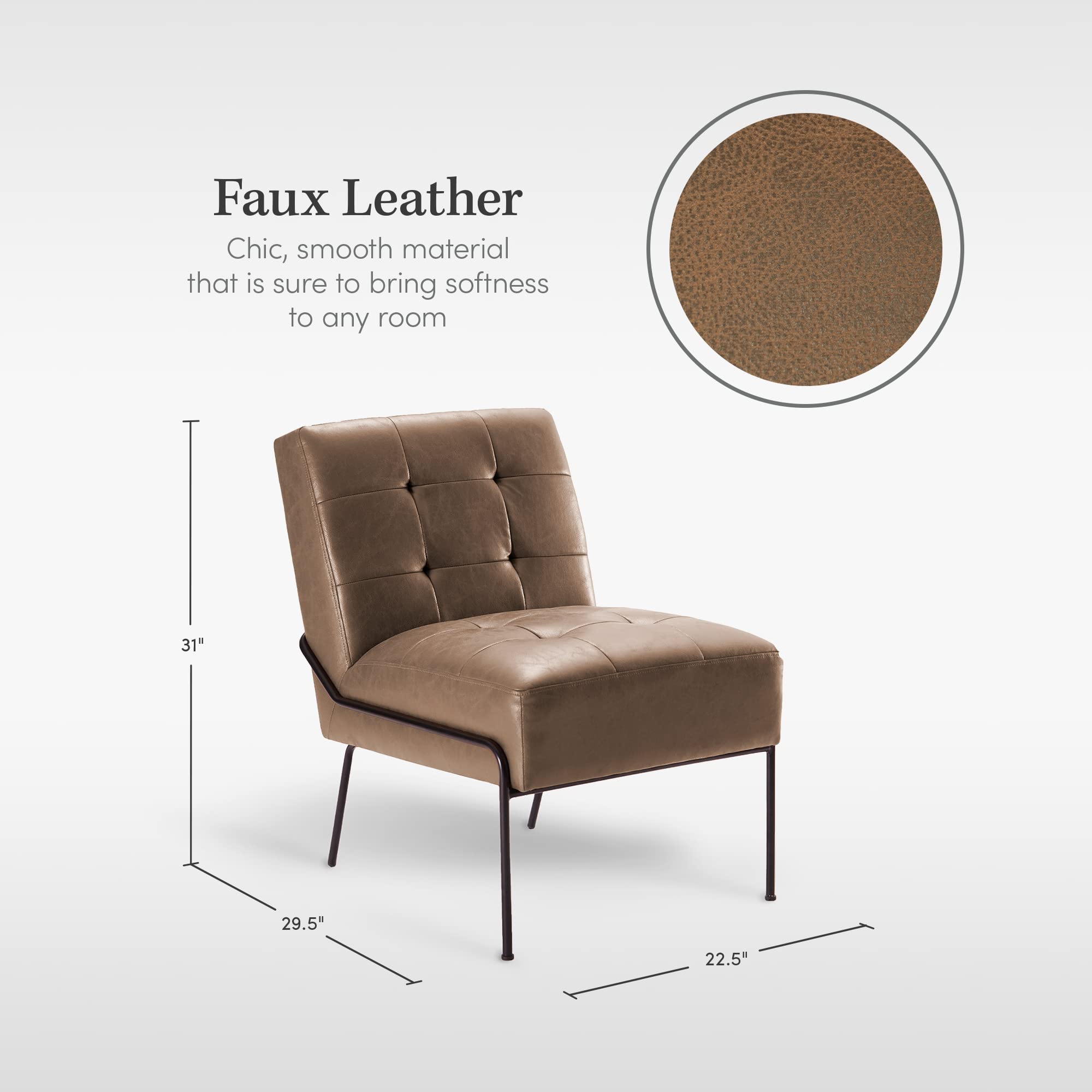 Luxury Accent Chair - Armless Upholstered Chair with Stain-Resistant Fabric & Elegant Pintucking - High-Density Foam Cushion for Comfort - Faux Brown Leather - Easy Assembly - Perfect for Living Room, Bedroom, or Office Decor