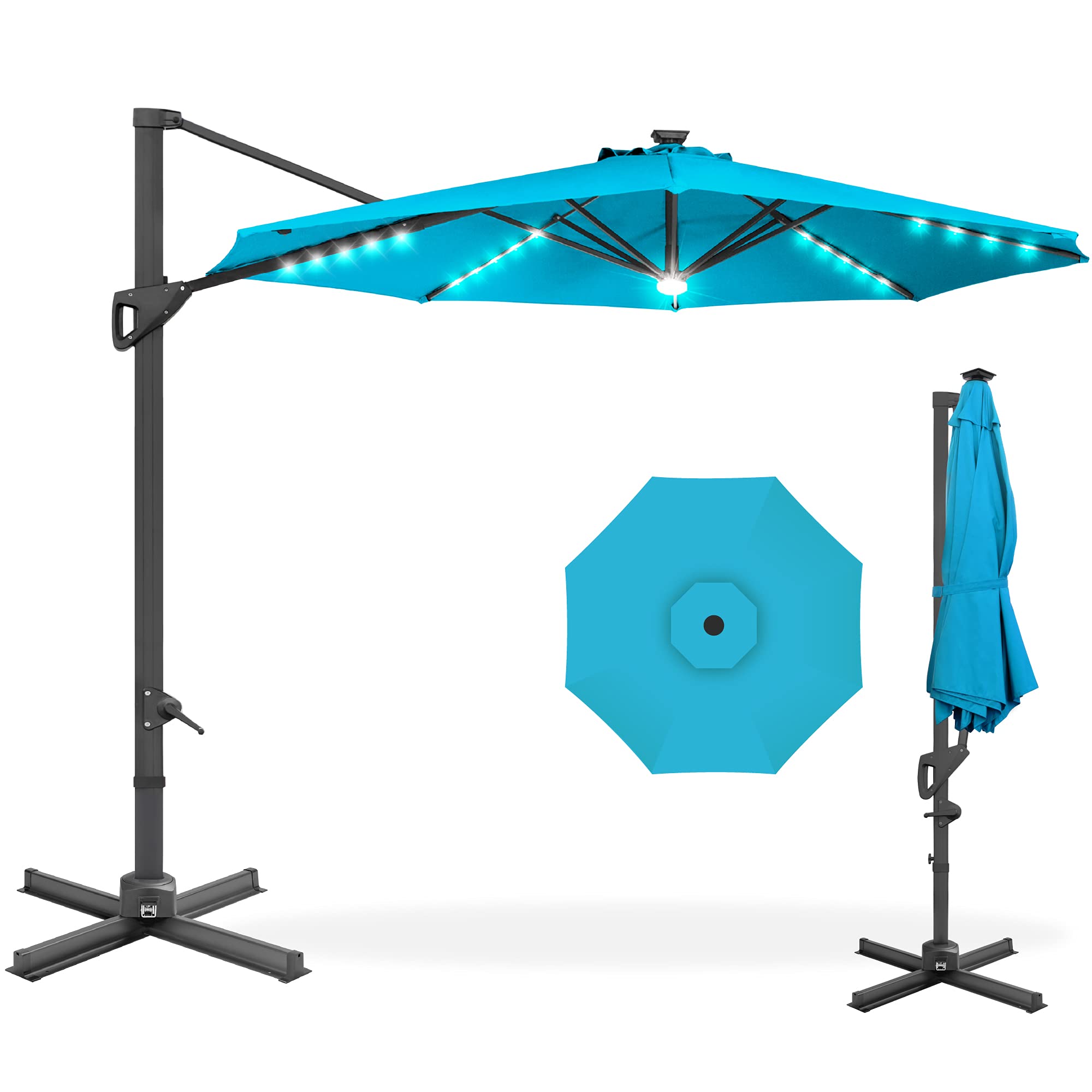 Best Choice Products 10ft Solar LED Cantilever Patio Umbrella with 360° Rotation - Outdoor Sun Shade for Backyard, Deck, Poolside with Built-in Lights & Easy Tilt - Perfect for Outdoor Dining, Lounging, and Entertaining