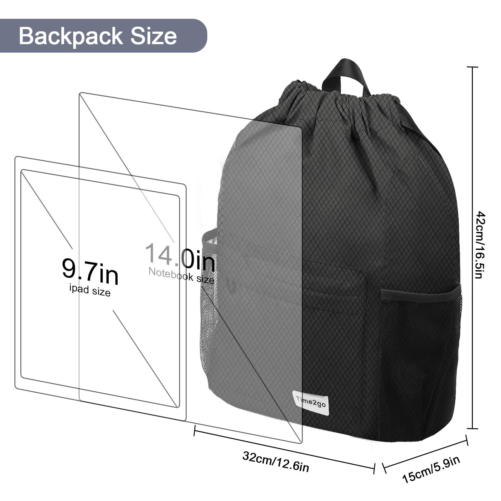 Waterproof Drawstring Backpack - Lightweight Sports Gym Sack with Mesh Pocket - String Cinch Closure - Perfect for Beach, Gym, Travel & Outdoor Activities - Unisex Design for Men & Women